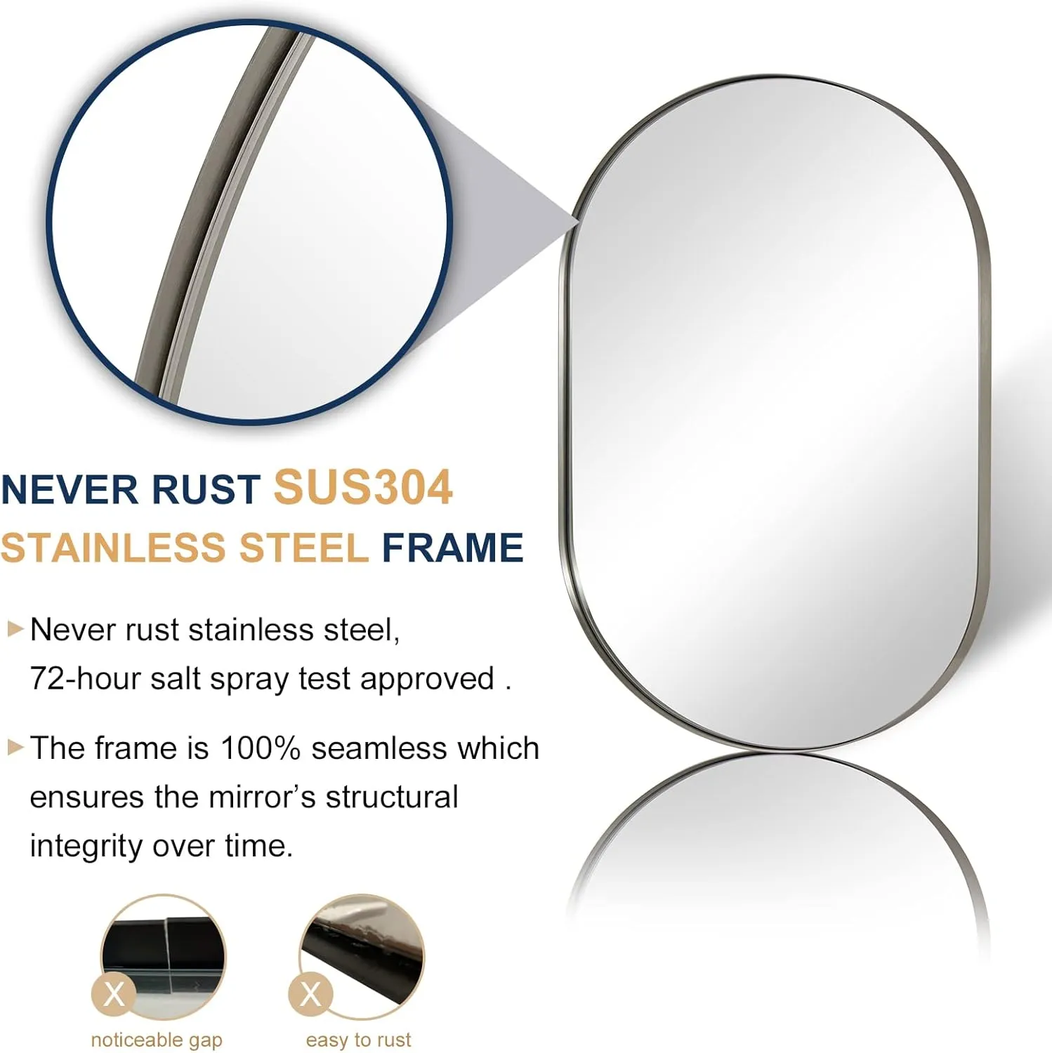 ANDY STAR Brushed Nickel Mirror Bathroom, 30x40 Oval Mirror Nickel, Pill Shaped Mirrors in Premium Stainless Steel Metal Frame 1”Deep Wall Mounted Horizontal/Vertical