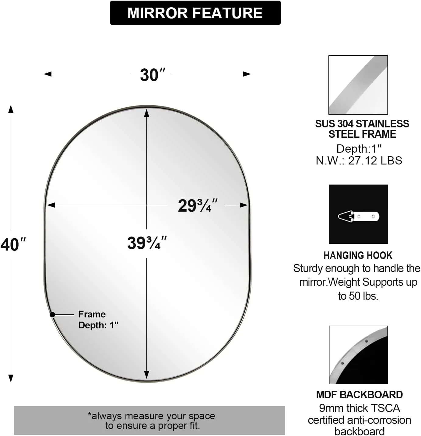 ANDY STAR Brushed Nickel Mirror Bathroom, 30x40 Oval Mirror Nickel, Pill Shaped Mirrors in Premium Stainless Steel Metal Frame 1”Deep Wall Mounted Horizontal/Vertical