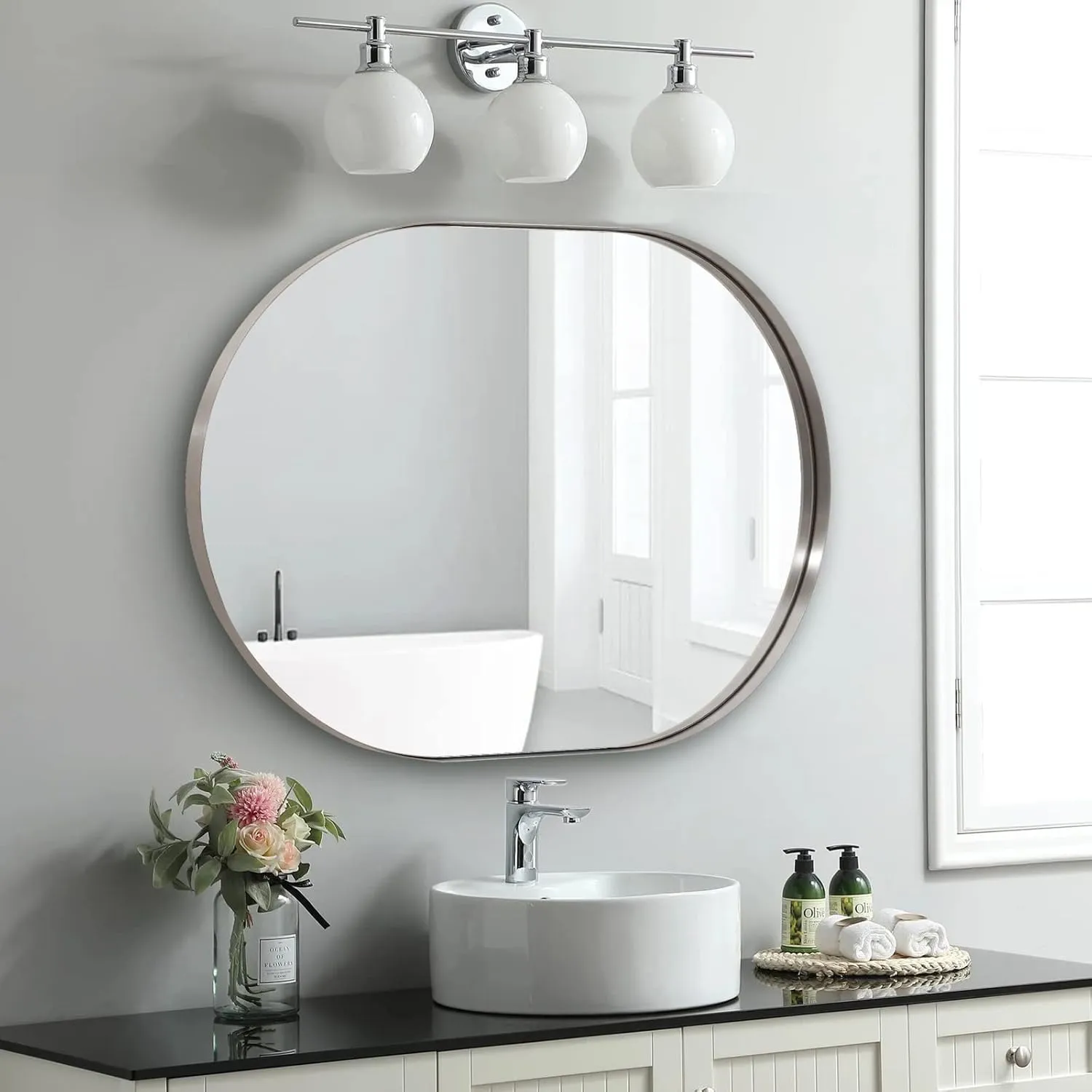 ANDY STAR Brushed Nickel Mirror Bathroom, 30x40 Oval Mirror Nickel, Pill Shaped Mirrors in Premium Stainless Steel Metal Frame 1”Deep Wall Mounted Horizontal/Vertical