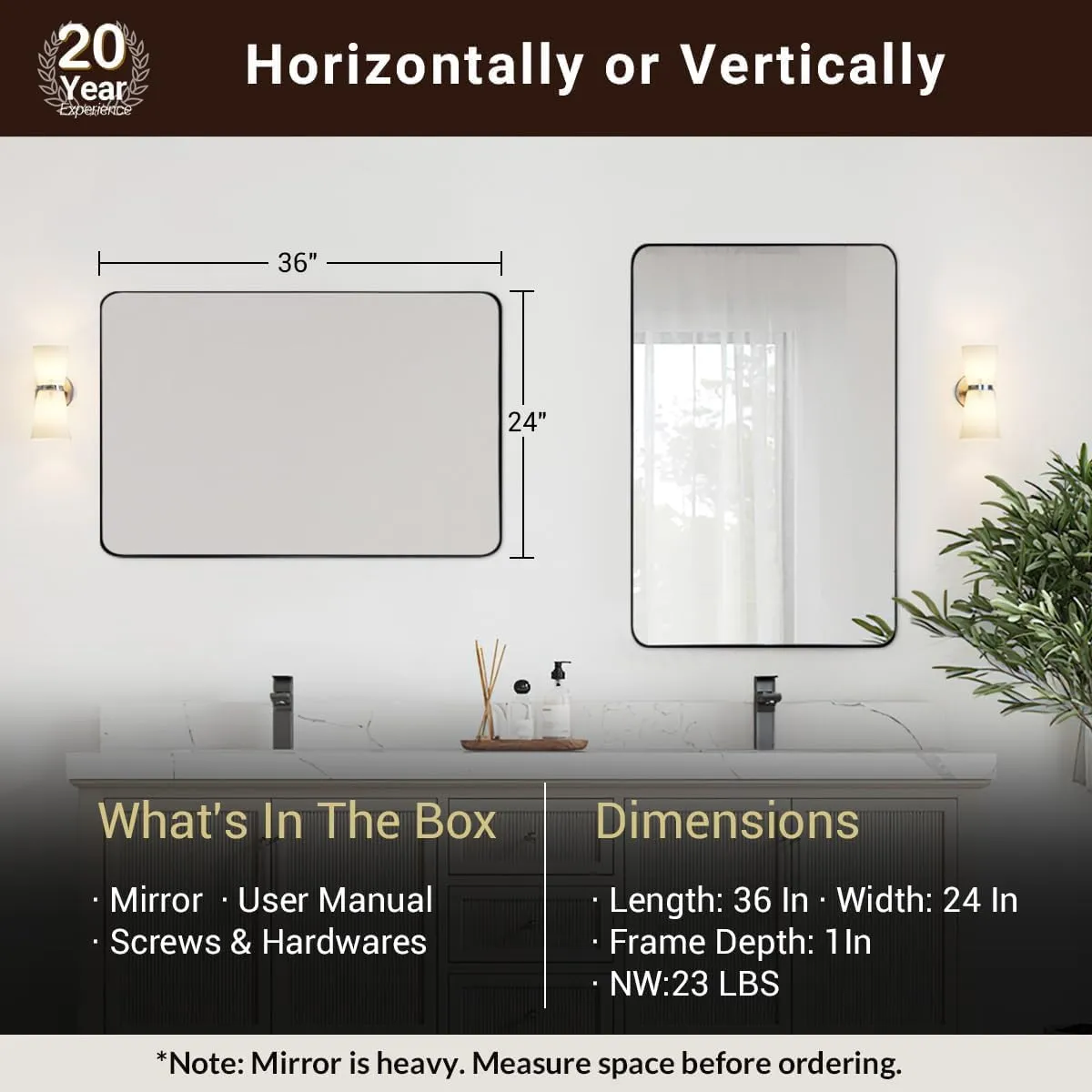 ANDY STAR Gold Bathroom Mirror, 24x36 Brushed Brass Rectangle Metal Frame Mirror for Bathroom, Modern Rectangular Wall Mounted Mirror for Vanity