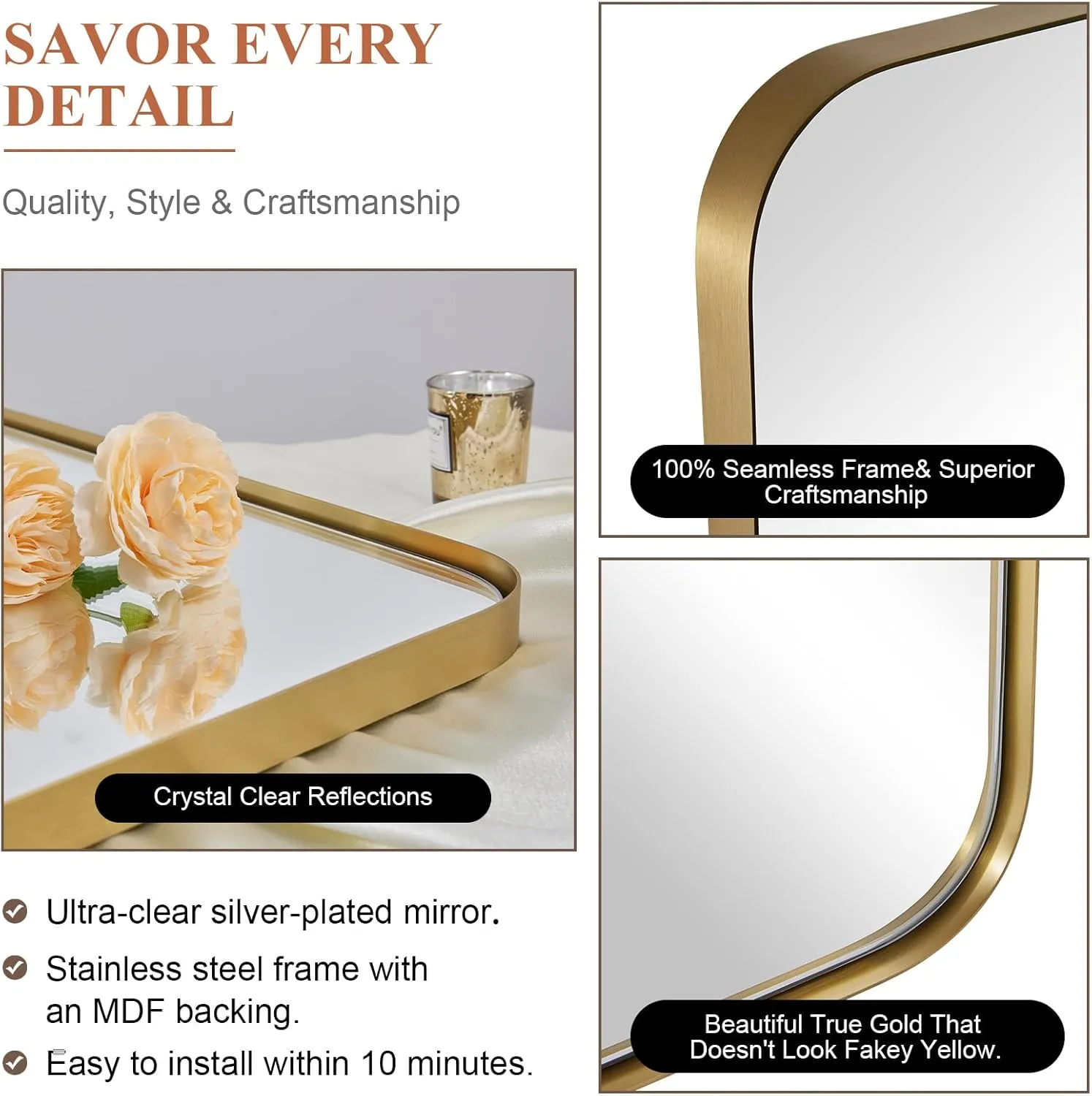 ANDY STAR Gold Bathroom Mirror, 24x36 Brushed Brass Rectangle Metal Frame Mirror for Bathroom, Modern Rectangular Wall Mounted Mirror for Vanity