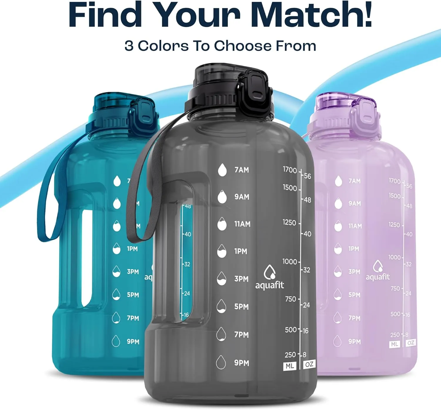 AQUAFIT 64 oz Water Bottle with Time Marker, BPA Free Half Gallon Water Bottle with Straw, Gym Water Bottle with Handle, Gallon Water Jug, Big Water Bottle, Large Water Bottle (Gray, 64oz 2in1 Lid)