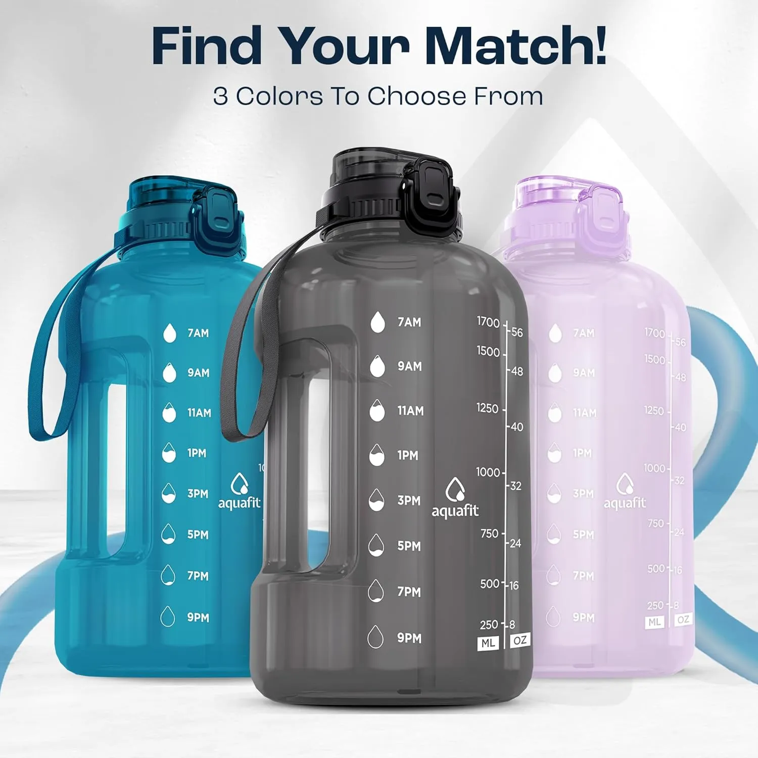 AQUAFIT 64 oz Water Bottle with Time Marker, BPA Free Half Gallon Water Bottle with Straw, Gym Water Bottle with Handle, Gallon Water Jug, Big Water Bottle, Large Water Bottle (Marine, 64oz 2in1 Lid)