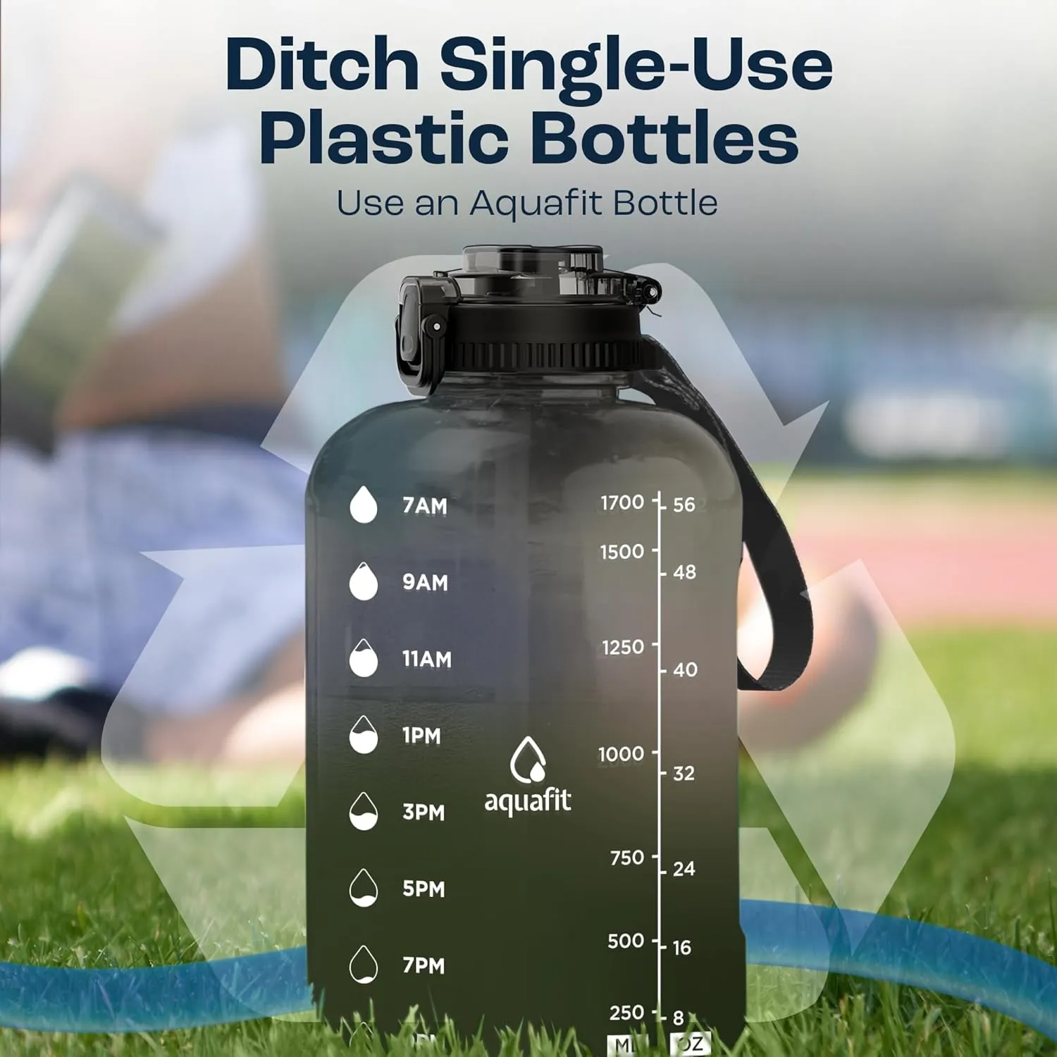 AQUAFIT 64 oz Water Bottle with Time Marker, BPA Free Half Gallon Water Bottle with Straw, Gym Water Bottle with Handle, Gallon Water Jug, Big Water Bottle, Large Water Bottle (Marine, 64oz 2in1 Lid)