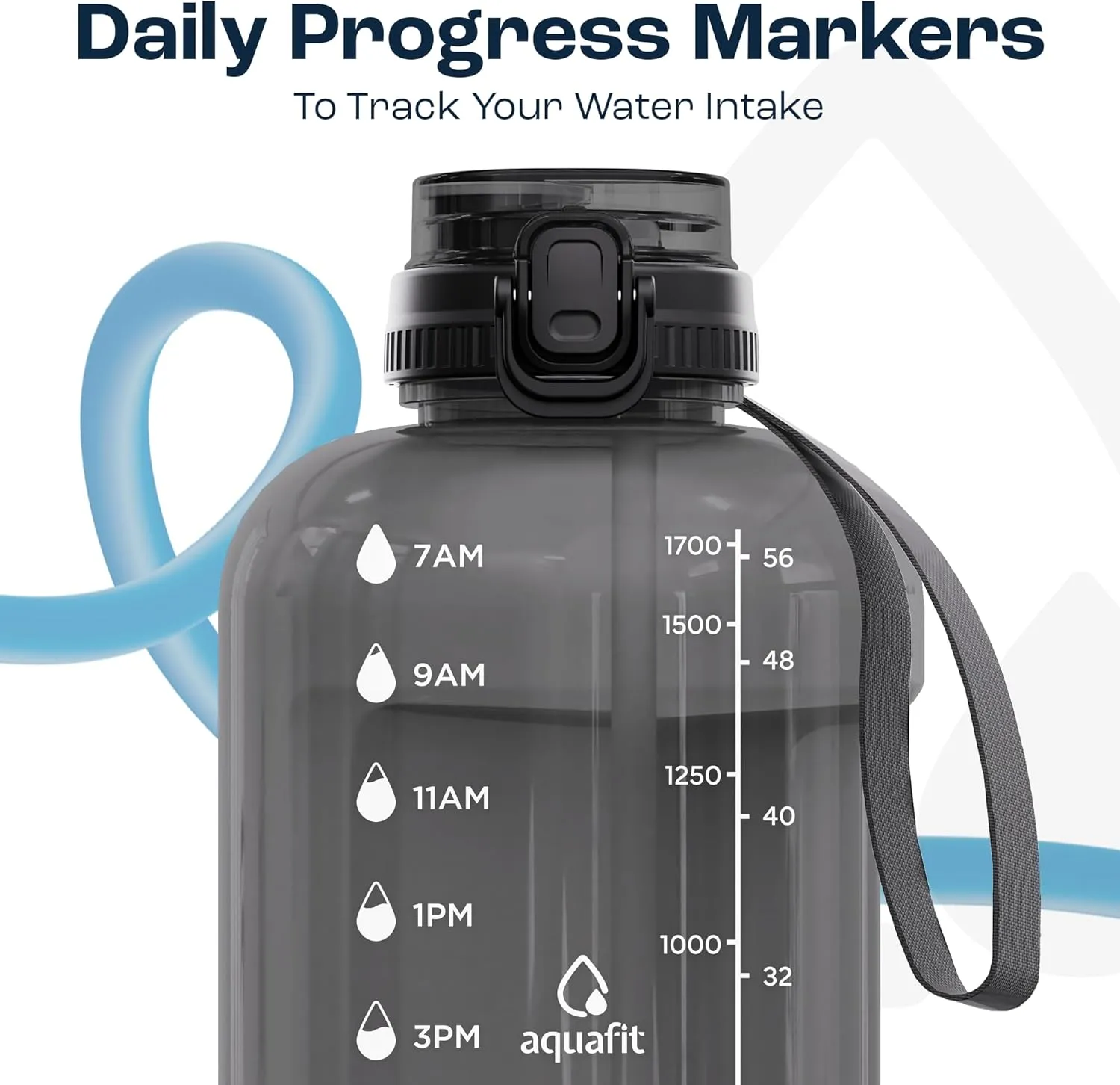 AQUAFIT 64 oz Water Bottle with Time Marker, BPA Free Half Gallon Water Bottle with Straw, Gym Water Bottle with Handle, Gallon Water Jug, Big Water Bottle, Large Water Bottle (Marine, 64oz 2in1 Lid)
