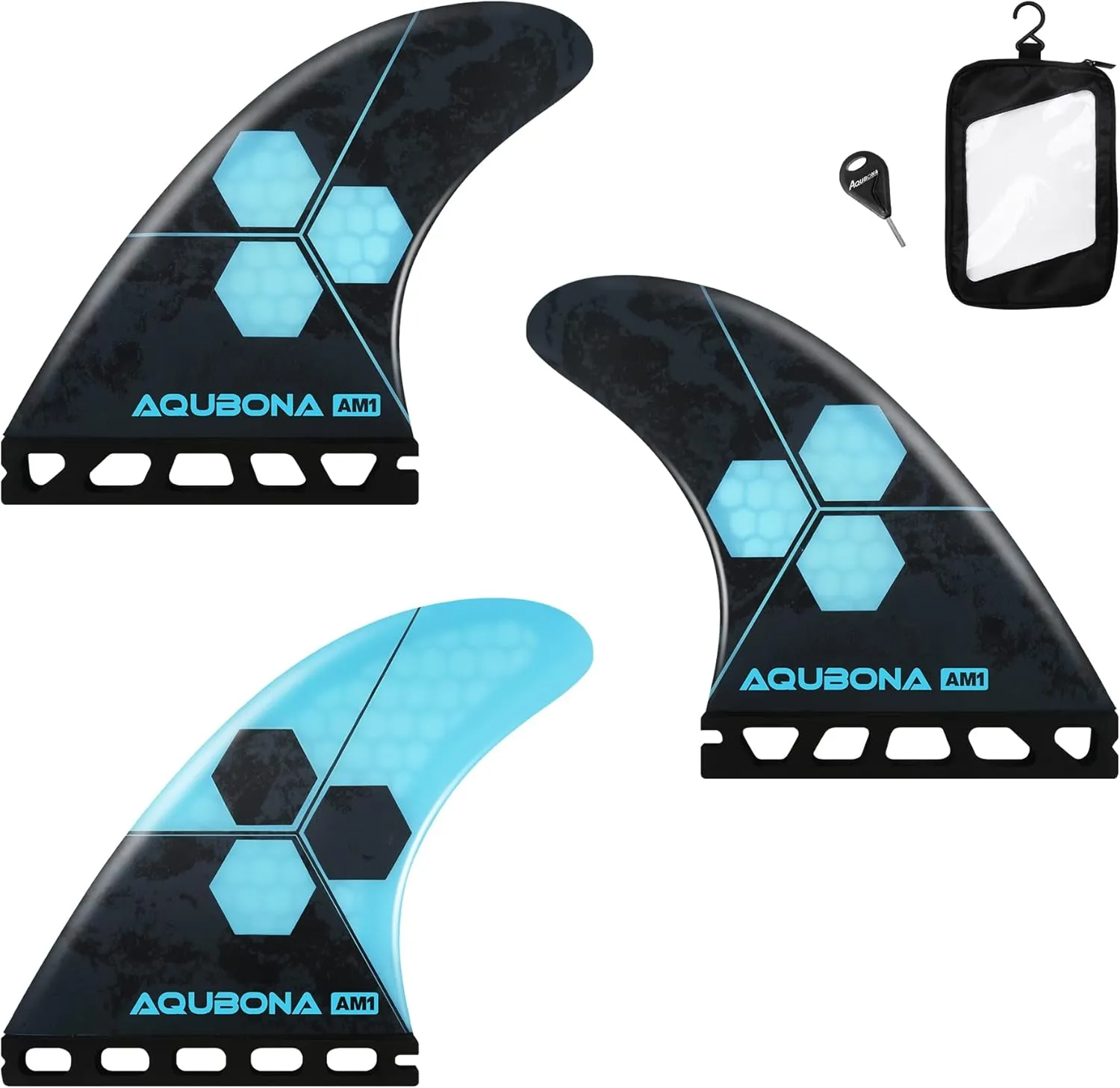 AQUBONA Honeycomb Fiberglass Performance Surfboard Fins Thruster (3 Fins) Single Tab with Fin Bag, Key and Screws.