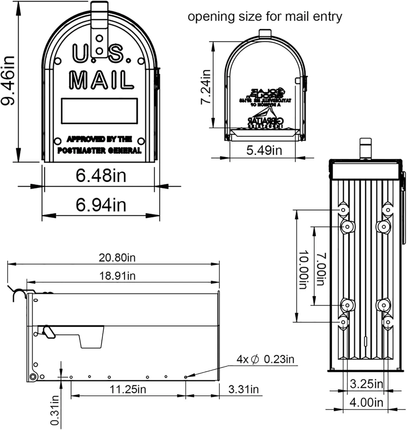 Architectural Mailboxes Admiral™ Rust-Proof Aluminum Metal Post Mounted Mail Box for Outside, Black, Medium Curbside Mailbox, USPS Approved for Residential Delivery