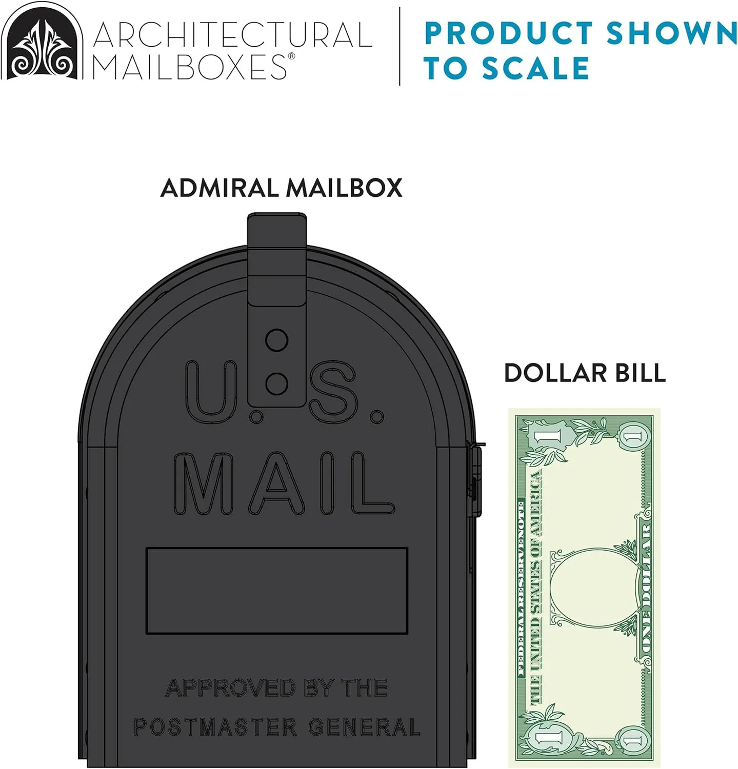 Architectural Mailboxes Admiral™ Rust-Proof Aluminum Metal Post Mounted Mail Box for Outside, Black, Medium Curbside Mailbox, USPS Approved for Residential Delivery