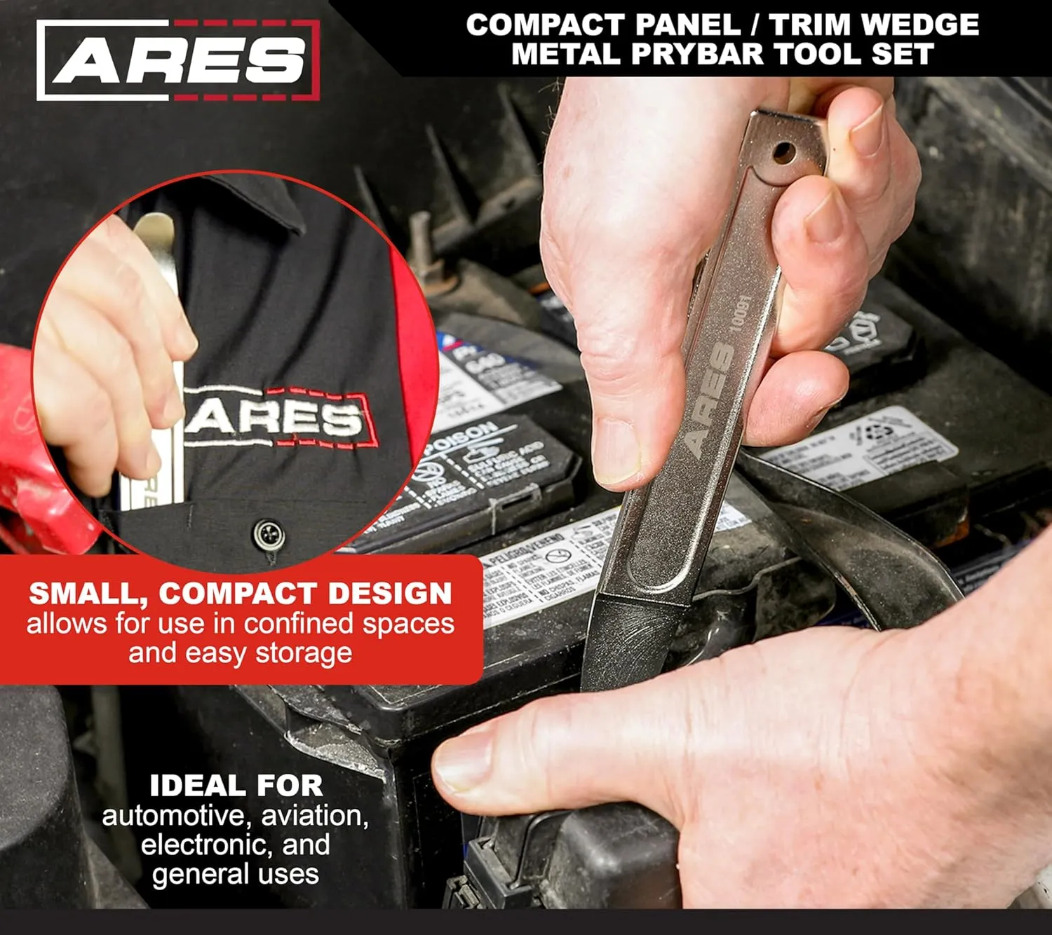 ARES 10092-2-Piece Compact Panel/Trim Wedge Metal Prybar Tool Set - Durable Prybar Easily Removes Trim, Paneling, Sheet Metal, Fasteners, and More - Compact Design for Use in Confined Spaces