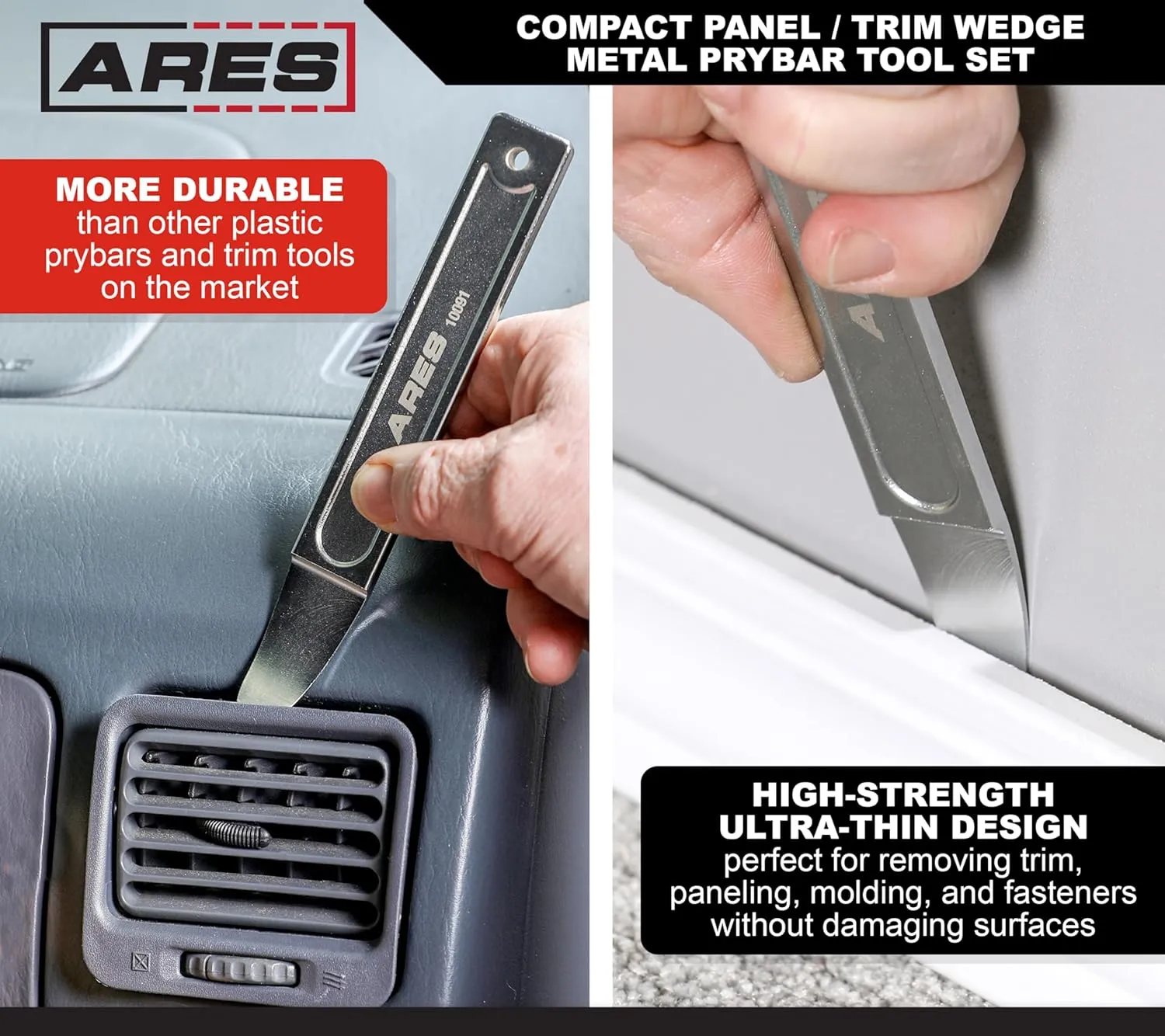 ARES 10092-2-Piece Compact Panel/Trim Wedge Metal Prybar Tool Set - Durable Prybar Easily Removes Trim, Paneling, Sheet Metal, Fasteners, and More - Compact Design for Use in Confined Spaces