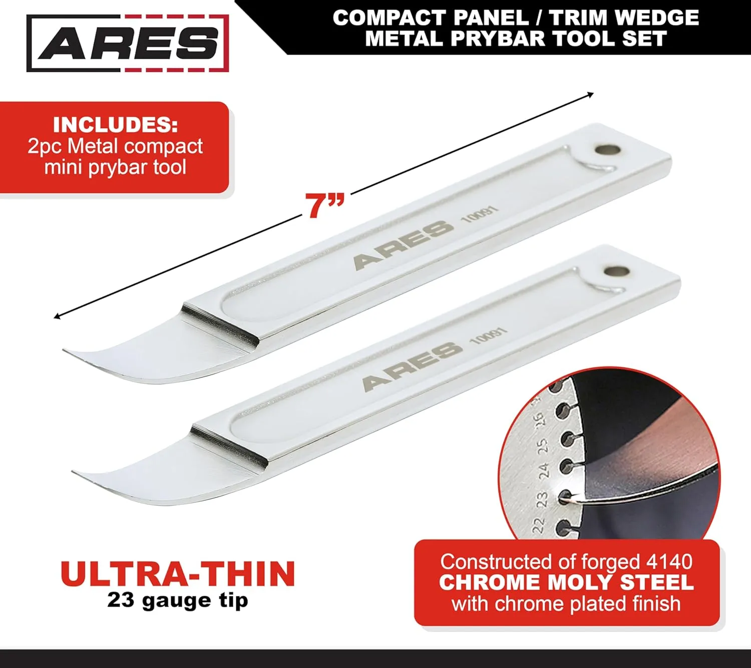 ARES 10092-2-Piece Compact Panel/Trim Wedge Metal Prybar Tool Set - Durable Prybar Easily Removes Trim, Paneling, Sheet Metal, Fasteners, and More - Compact Design for Use in Confined Spaces