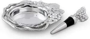 Arthur Court Designs Aluminum Grape Wine Coaster and Bottle Stopper Set Sandcast Artisan Metal Wine Stopper Set 2 Pieces 6.75 inch Diameter Coaster