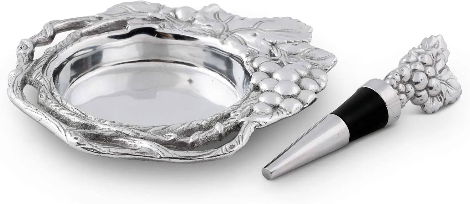Arthur Court Designs Aluminum Grape Wine Coaster and Bottle Stopper Set Sandcast Artisan Metal Wine Stopper Set 2 Pieces 6.75 inch Diameter Coaster