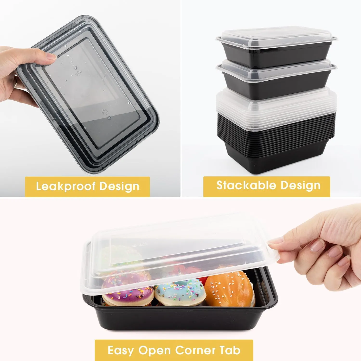 Azure Zone, 32 oz, 50-Pack Rectangular Meal Prep Food Container with Lid - One Compartment Bento Box Stackable Freezer/Microwave/Dishwasher Safe Reusable Storage Portable BPA Free