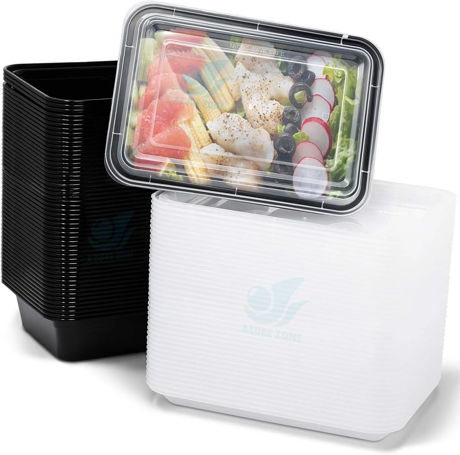 Azure Zone, 32 oz, 50-Pack Rectangular Meal Prep Food Container with Lid - One Compartment Bento Box Stackable Freezer/Microwave/Dishwasher Safe Reusable Storage Portable BPA Free