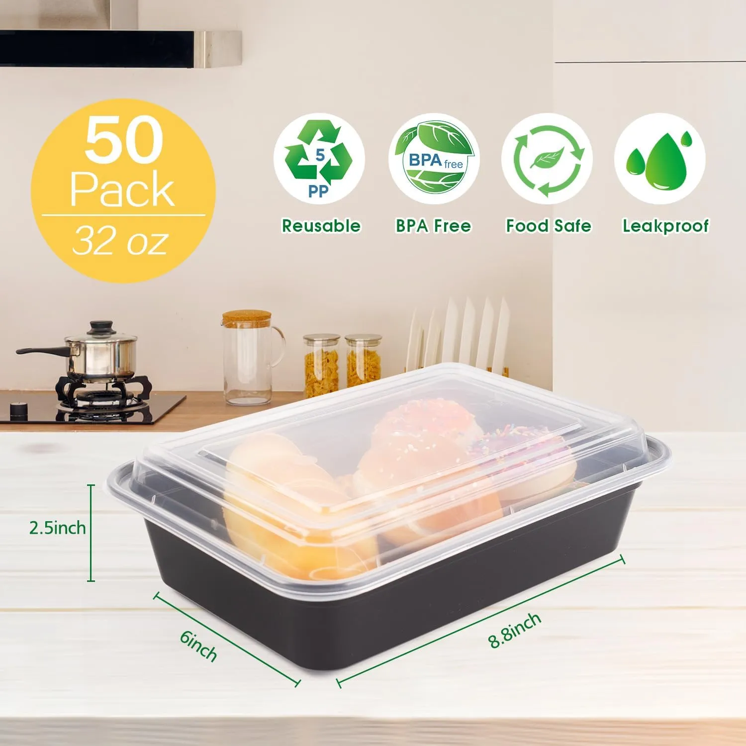 Azure Zone, 32 oz, 50-Pack Rectangular Meal Prep Food Container with Lid - One Compartment Bento Box Stackable Freezer/Microwave/Dishwasher Safe Reusable Storage Portable BPA Free