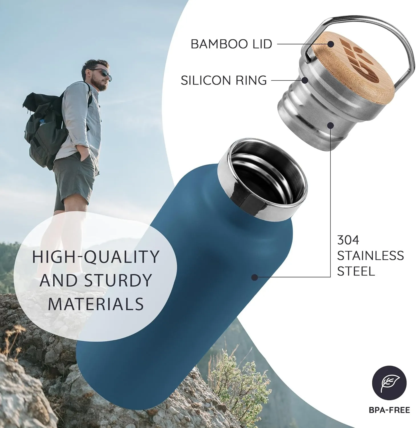 Bambaw Insulated Water Bottle 16 oz, Blue Water Bottle Stainless Steel, Reusable Water Bottle Dishwasher Safe, Stainless Steel Water Bottle Insulated – Aegean Blue