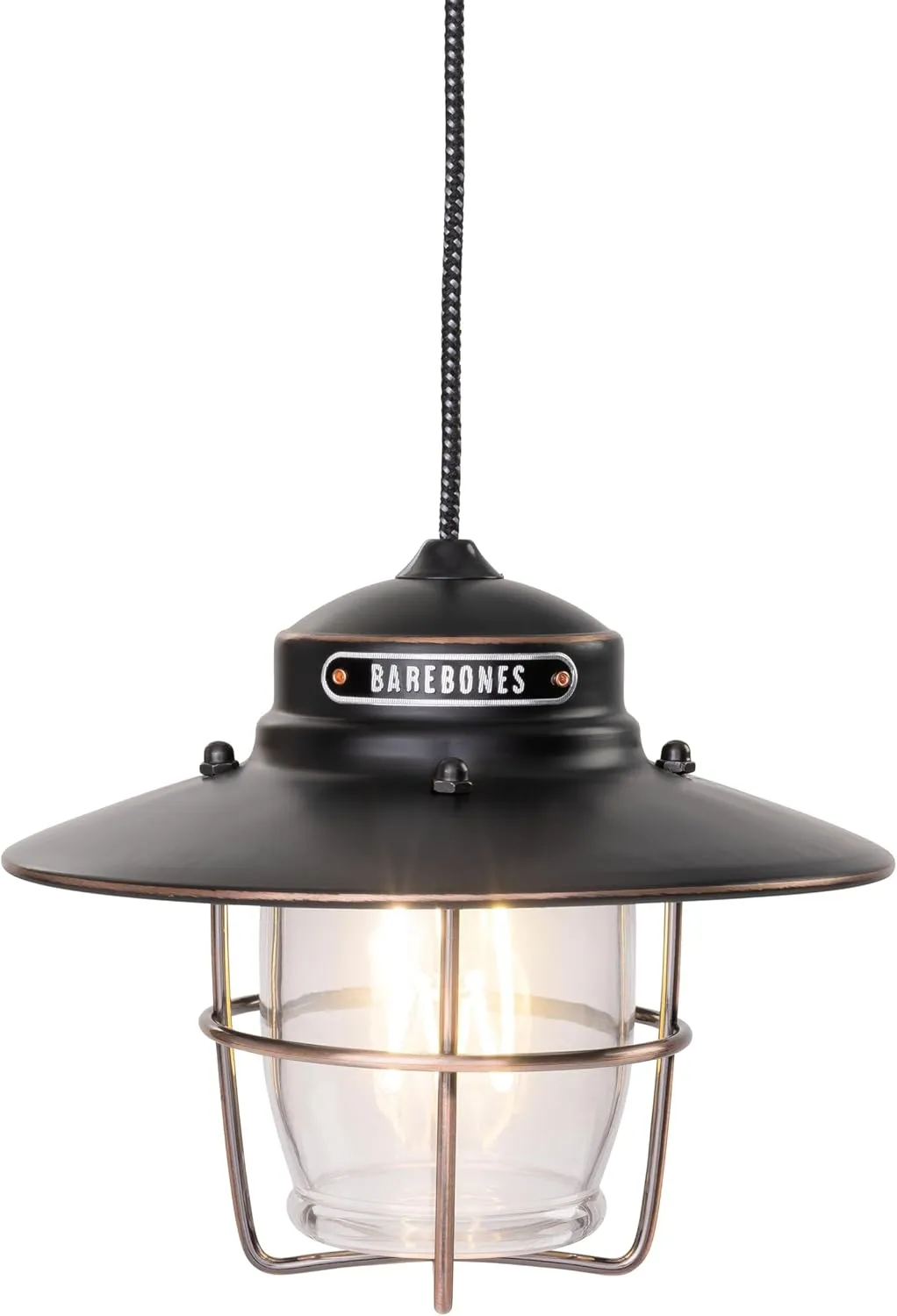 Barebones Outpost Pendant Light - Antique Bronze, Weather-Resistant USB-C LED Lantern with Dimmable Coiled Edison Filament, 10.5' Braided Cord, Rustic Outdoor Lighting for Patio, Porch and Backyard