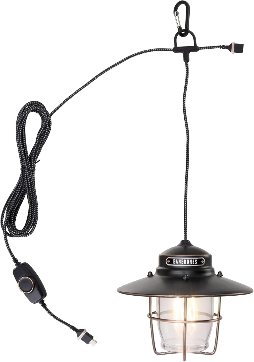 Barebones Outpost Pendant Light - Antique Bronze, Weather-Resistant USB-C LED Lantern with Dimmable Coiled Edison Filament, 10.5' Braided Cord, Rustic Outdoor Lighting for Patio, Porch and Backyard