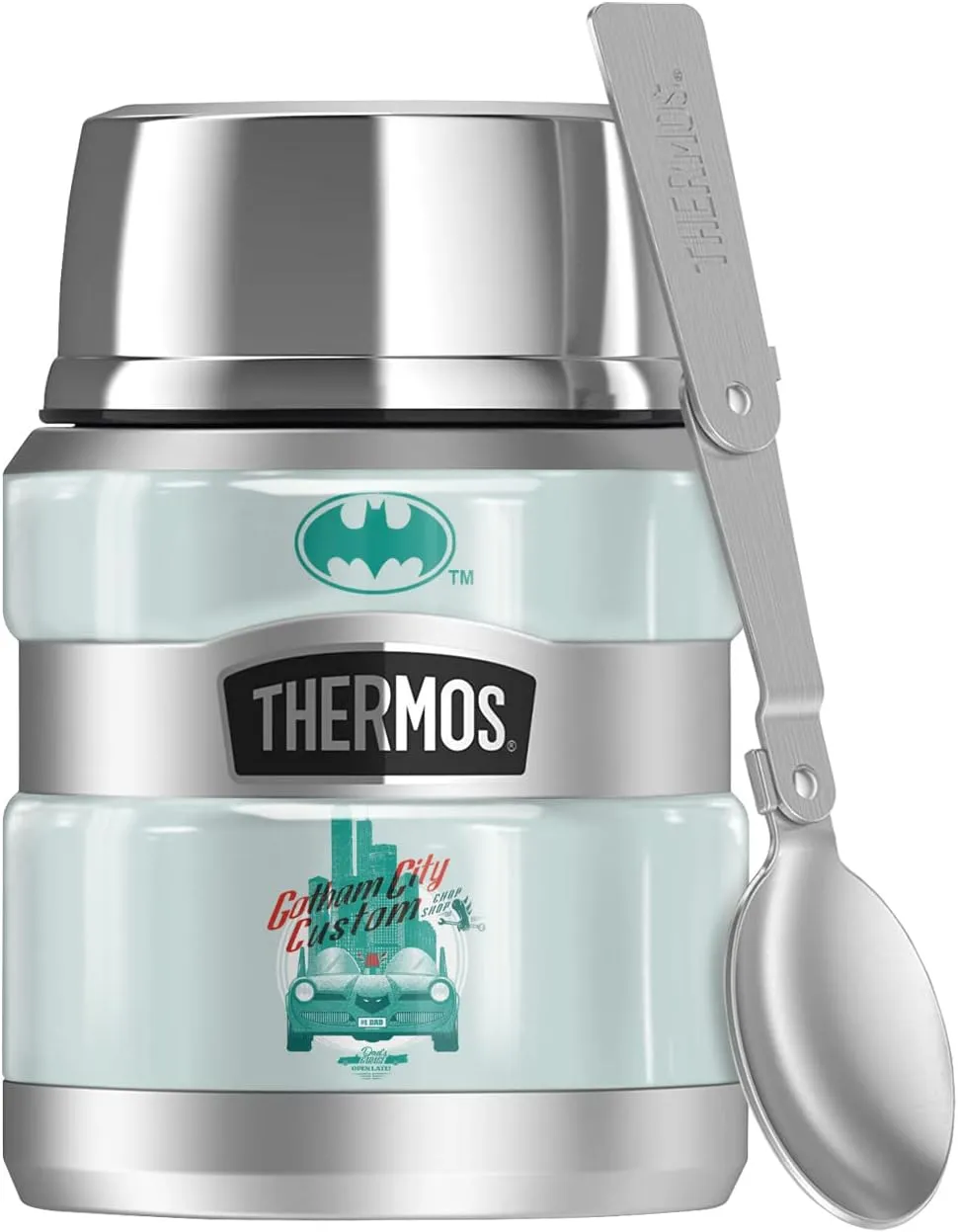 Batman OFFICIAL Batman Gotham City Custom THERMOS STAINLESS KING Stainless Steel Food Jar with Folding Spoon, Vacuum insulated & Double Wall, 16oz
