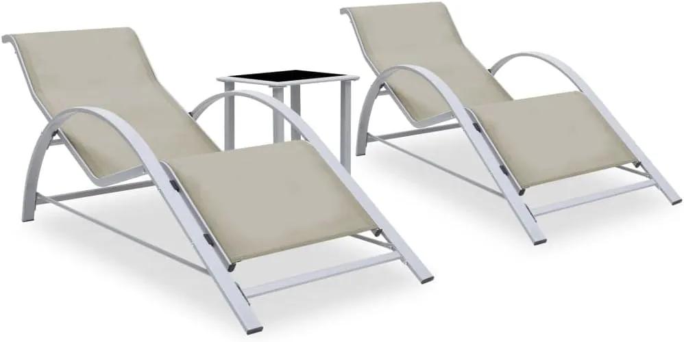Beach Chair,Tanning Chair,Lounge Chair,Sun Loungers 2 pcs with Table Aluminum CreamIdeal for Garden, Patio, Camping