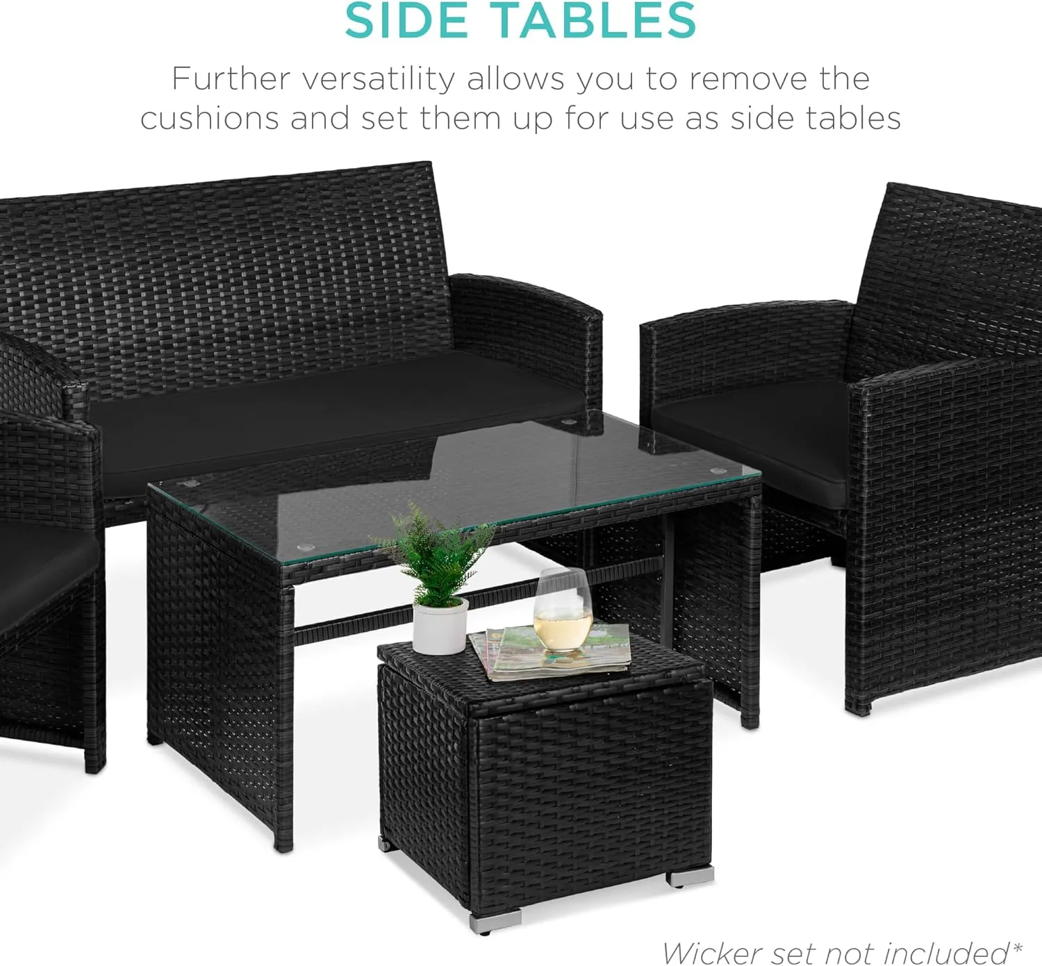 Best Choice Products Set of 2 Wicker Ottomans, Multipurpose Outdoor Furniture for Patio, Backyard, Additional Seating, Footrest, Side Table w/Storage, Removable Cushions - Black/Black