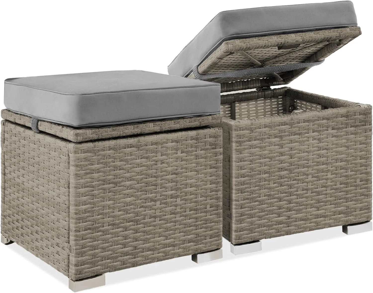 Best Choice Products Set of 2 Wicker Ottomans, Multipurpose Outdoor Furniture for Patio, Backyard, Additional Seating, Footrest, Side Table w/Storage, Removable Cushions - Cement Gray/Taupe