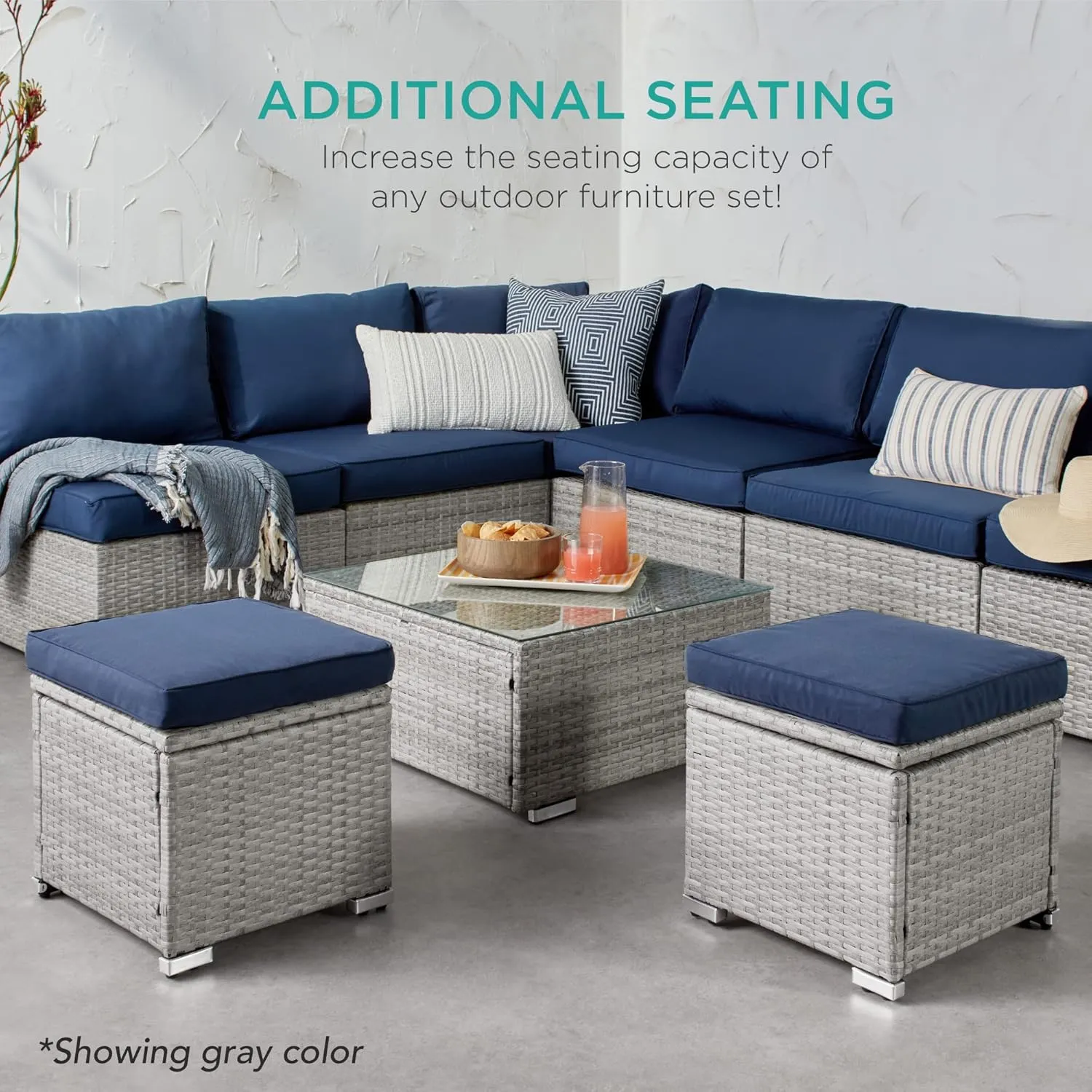 Best Choice Products Set of 2 Wicker Ottomans, Multipurpose Outdoor Furniture for Patio, Backyard, Additional Seating, Footrest, Side Table w/Storage, Removable Cushions - Cement Gray/Taupe