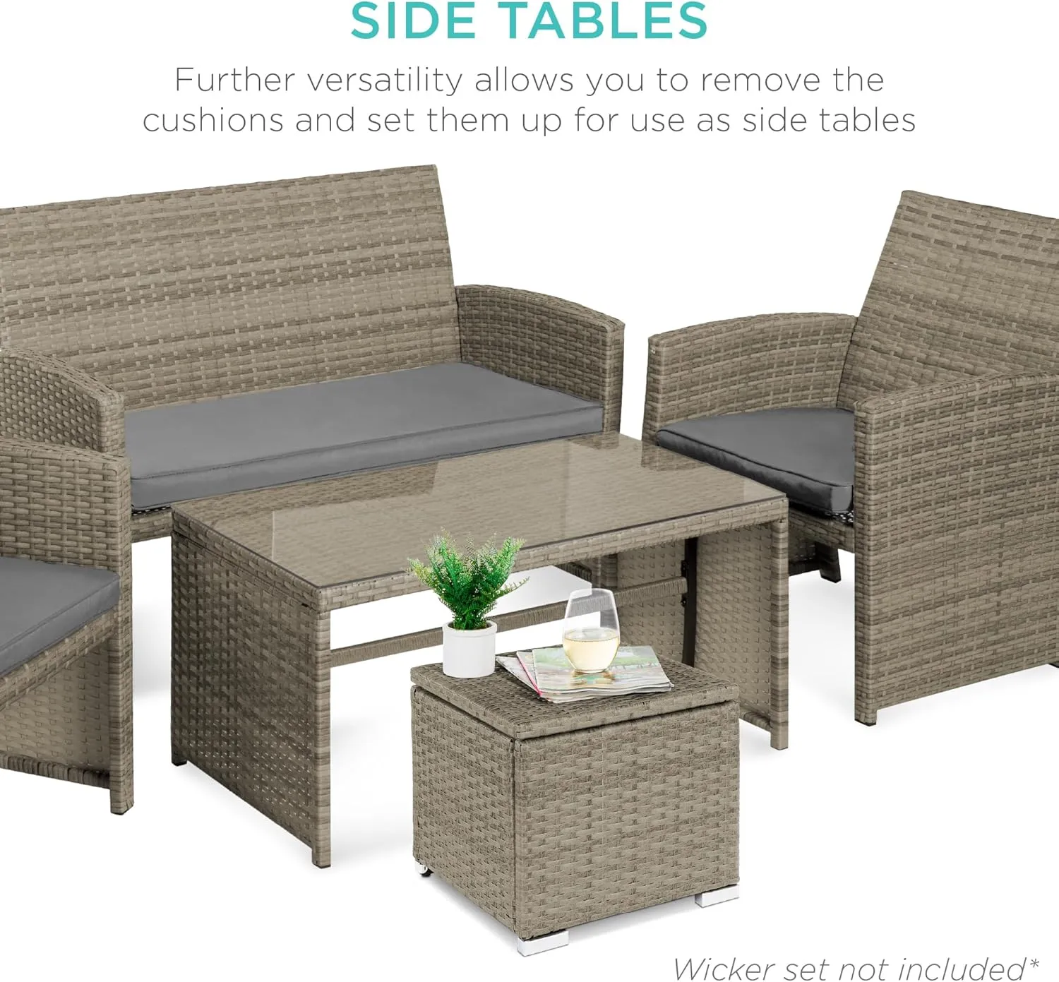 Best Choice Products Set of 2 Wicker Ottomans, Multipurpose Outdoor Furniture for Patio, Backyard, Additional Seating, Footrest, Side Table w/Storage, Removable Cushions - Cement Gray/Taupe