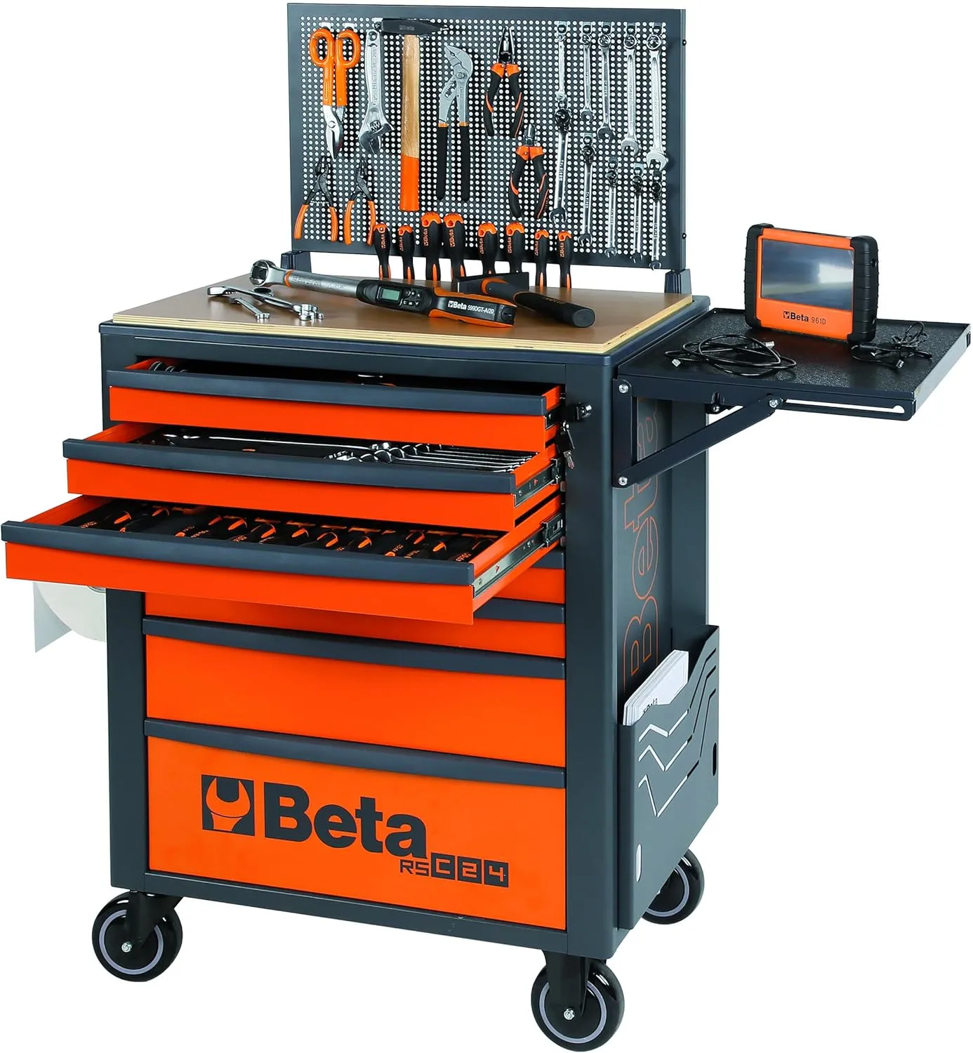 Beta RSC24 Heavy Duty Rolling Tool Cabinet, 5 Drawers, Red, Ball Bearing Slides, Rubber Mat Liners, 5" Casters, Anti-Fall Edge Worktop, 1760 lbs Load Capacity, Made in Italy