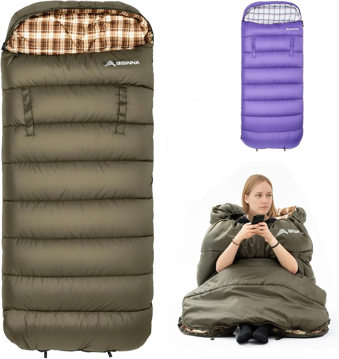 BISINNA Flannel XXL Sleeping bag (90.55"x39.37") Wearable Sleeping Bag for Alults 3 Season with Pillow Compressdin Sack for Hiking Camping Backpacking Outdoor