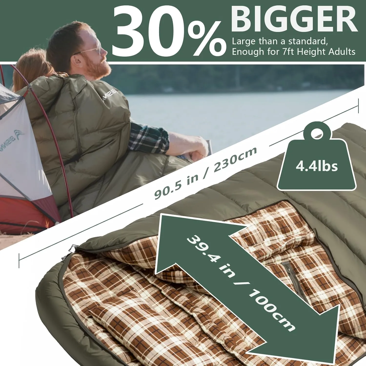 BISINNA Flannel XXL Sleeping bag (90.55"x39.37") Wearable Sleeping Bag for Alults 3 Season with Pillow Compressdin Sack for Hiking Camping Backpacking Outdoor