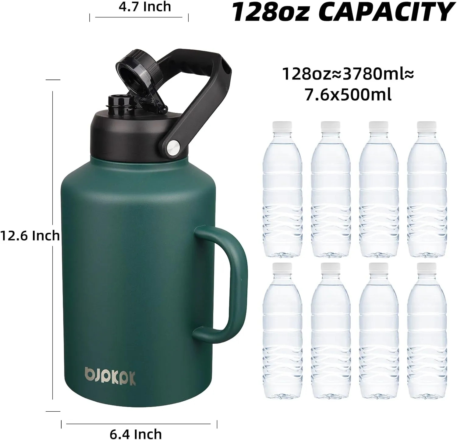 BJPKPK 1 Gallon Water Bottle with Handle, Large Dishwasher Safe 128oz Insulated Water Bottle, BPA Free Water Jug, Wide Mouth Metal Water Bottle with Anti-slip Bottom, Keep Cold & Hot,Army Green