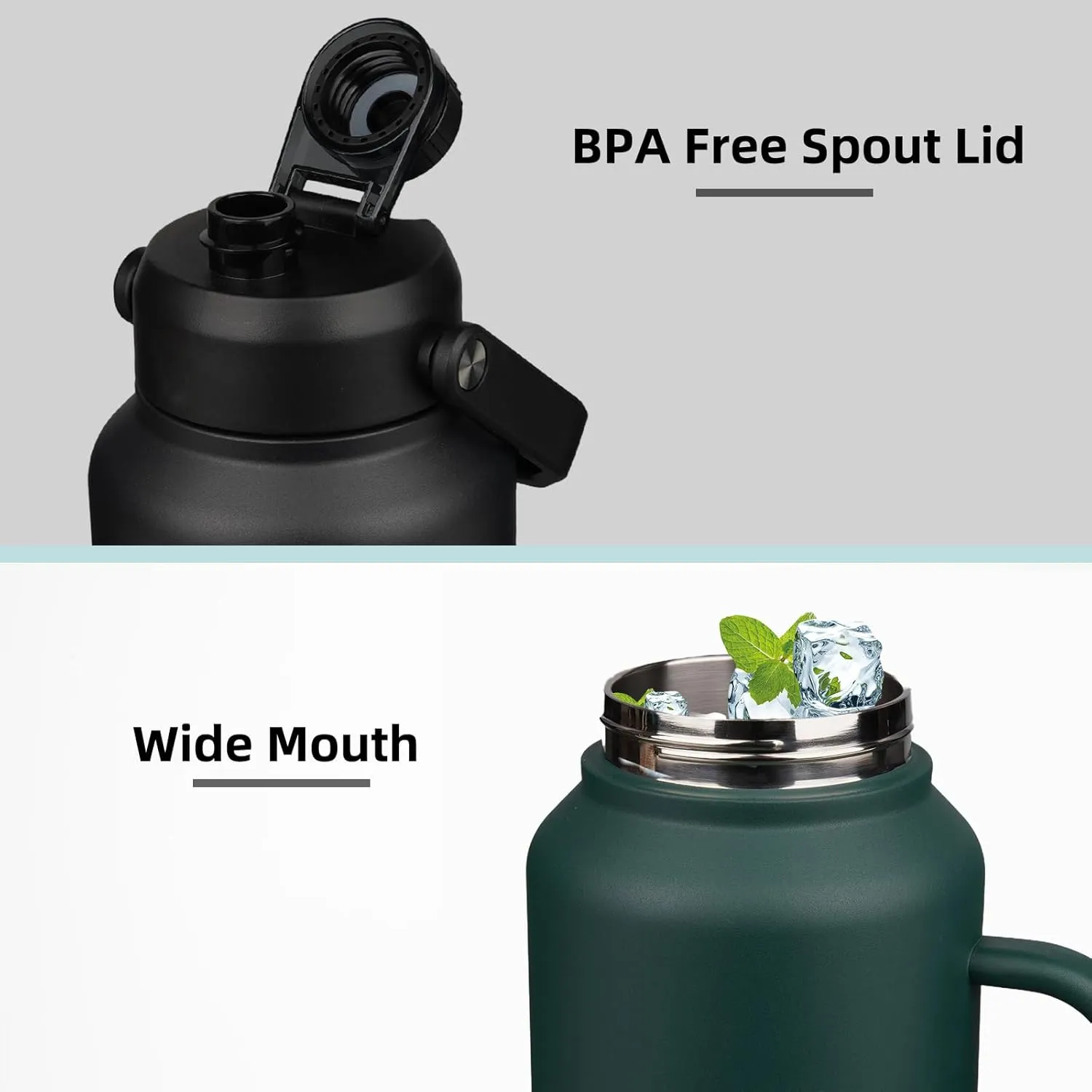 BJPKPK 1 Gallon Water Bottle with Handle, Large Dishwasher Safe 128oz Insulated Water Bottle, BPA Free Water Jug, Wide Mouth Metal Water Bottle with Anti-slip Bottom, Keep Cold & Hot,Army Green