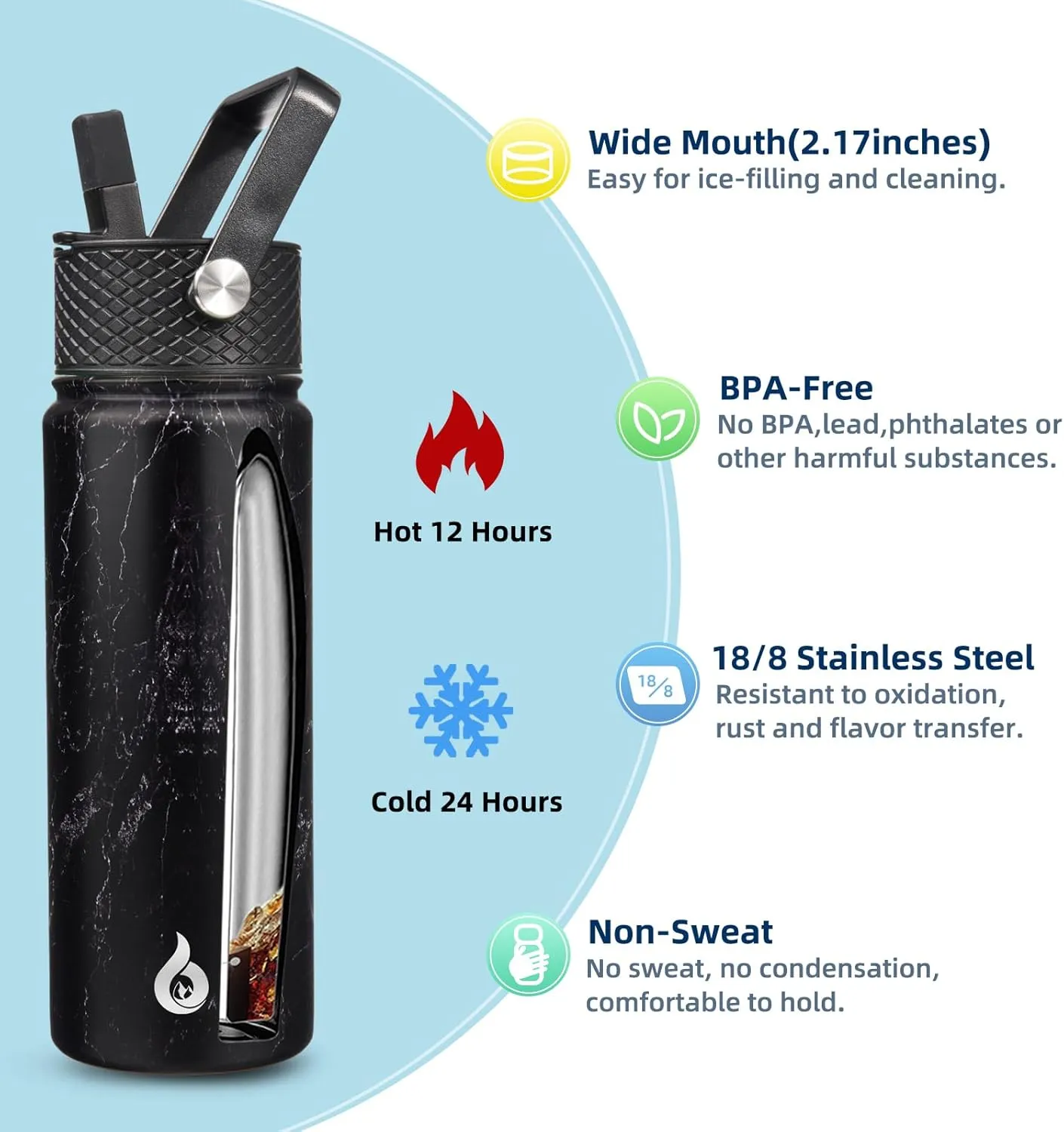 BJPKPK Insulated Water Bottles with Straw Lid, 22oz Cold & Hot Thermos, Stainless Steel Metal Water Bottle with 3 Lids, Reusable Thermos, Cups, Mugs for Daily Use-Midnight