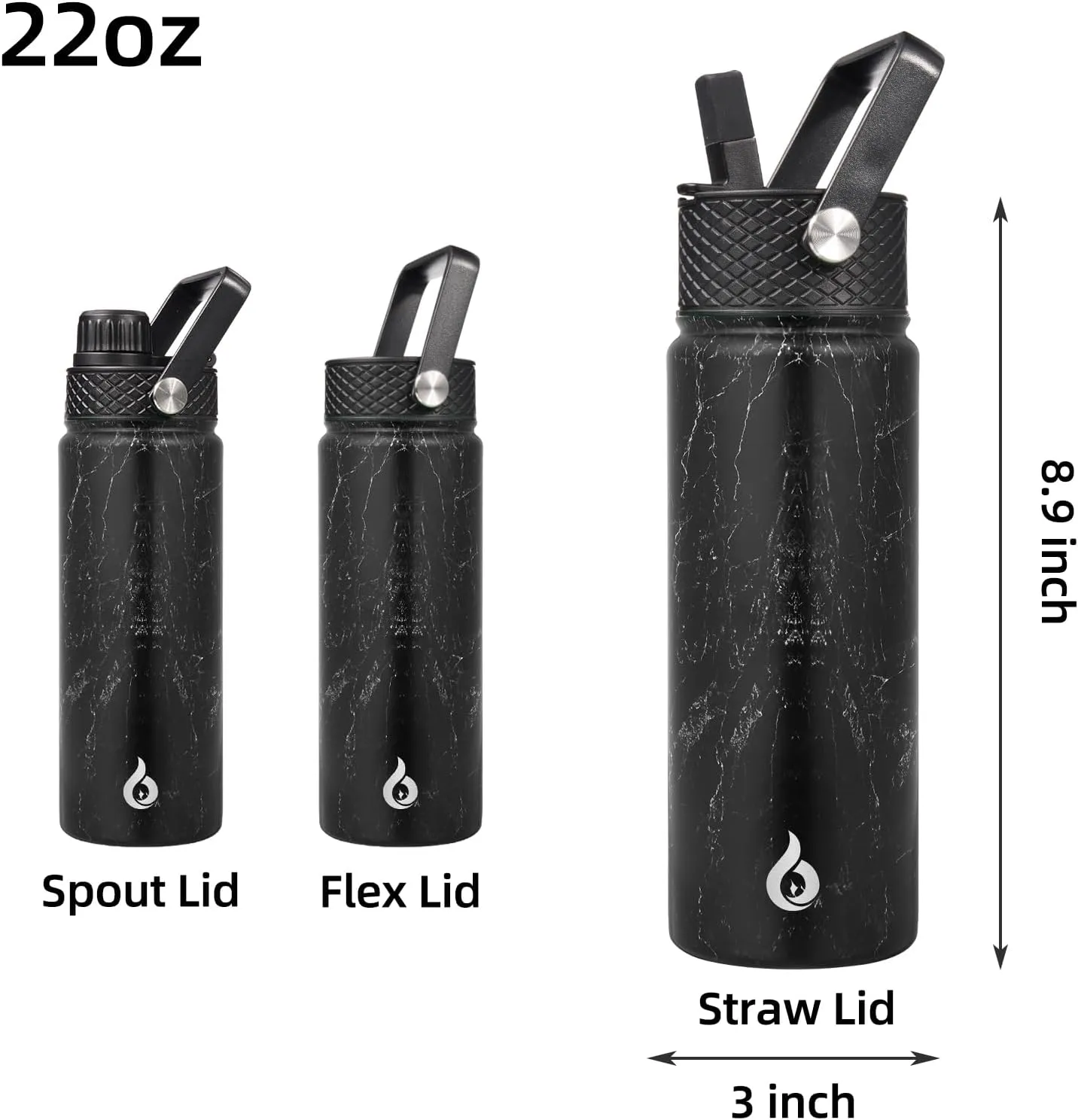 BJPKPK Insulated Water Bottles with Straw Lid, 22oz Cold & Hot Thermos, Stainless Steel Metal Water Bottle with 3 Lids, Reusable Thermos, Cups, Mugs for Daily Use-Midnight