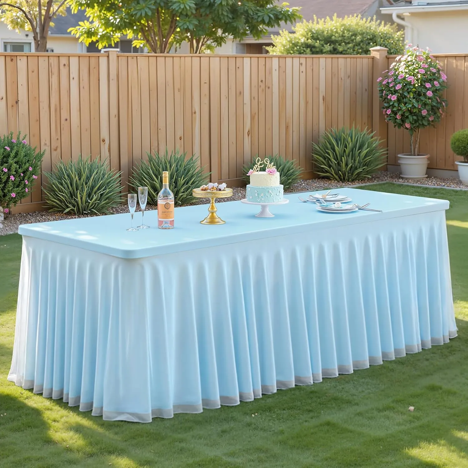 Blue Tablecloths 4 Foot Rectangle Tables, Spandex Tulle Tablecloth Stretch Fitted Tablecover with Ruffle Tutu Table Skirt for Baby Shower Birthday Party Wedding Banquet Dessert Table Decorations