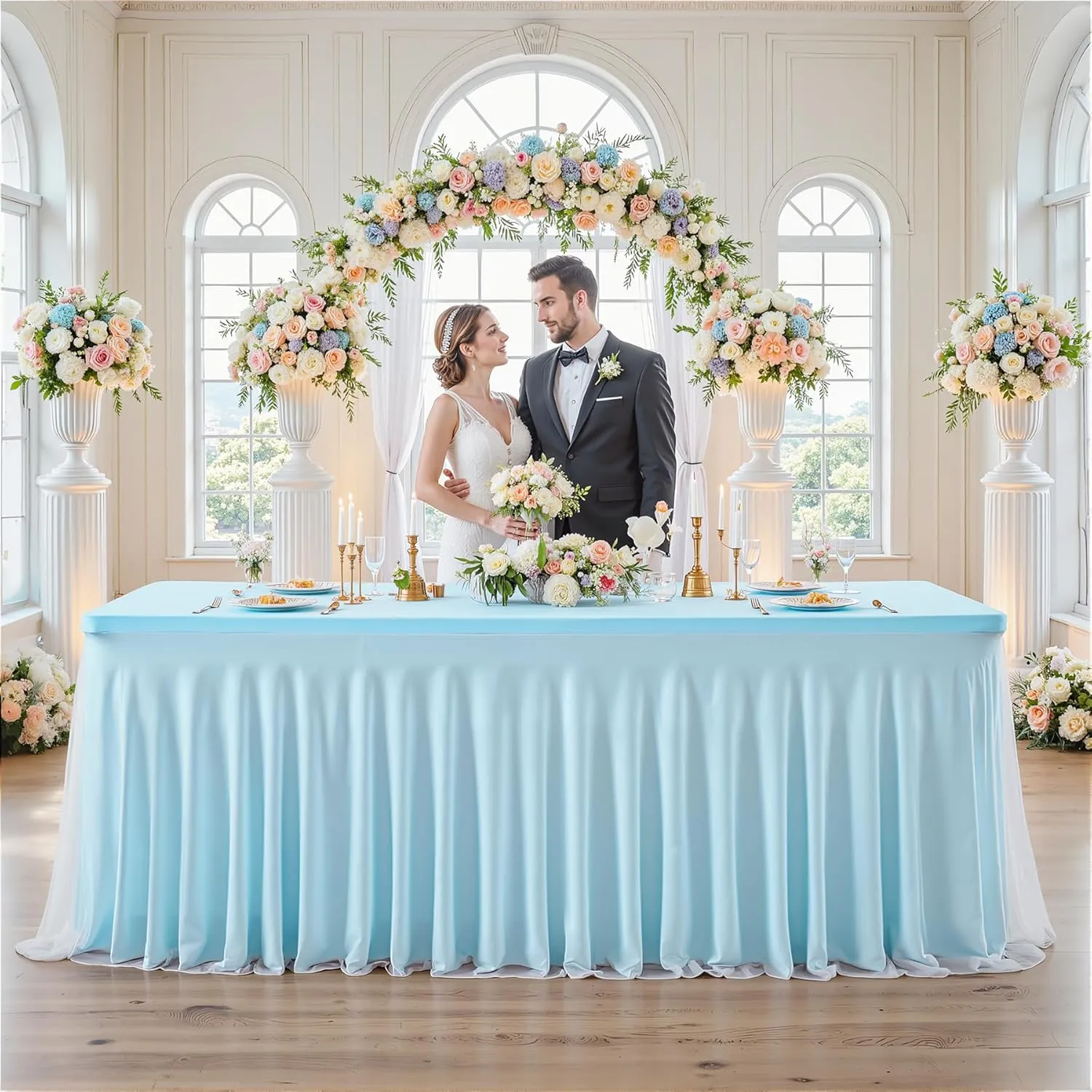 Blue Tablecloths 4 Foot Rectangle Tables, Spandex Tulle Tablecloth Stretch Fitted Tablecover with Ruffle Tutu Table Skirt for Baby Shower Birthday Party Wedding Banquet Dessert Table Decorations