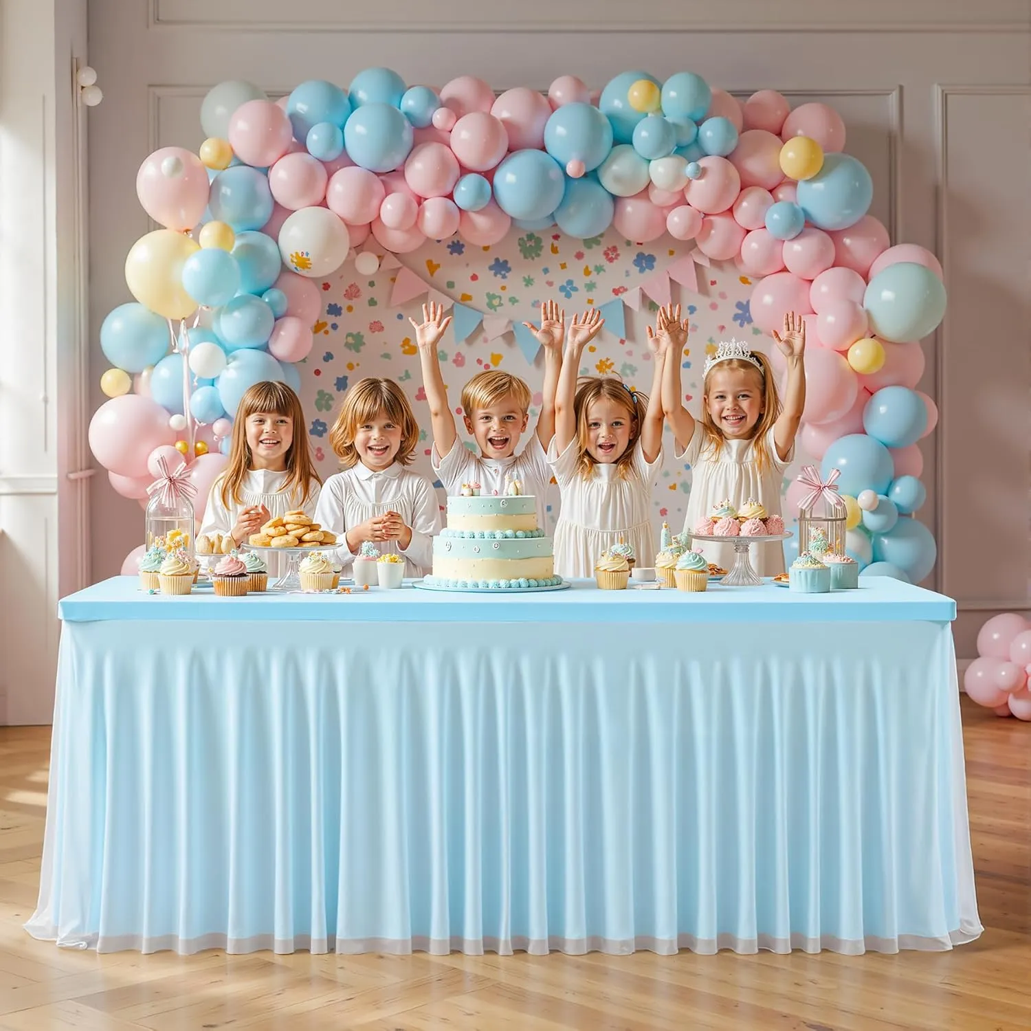 Blue Tablecloths 4 Foot Rectangle Tables, Spandex Tulle Tablecloth Stretch Fitted Tablecover with Ruffle Tutu Table Skirt for Baby Shower Birthday Party Wedding Banquet Dessert Table Decorations