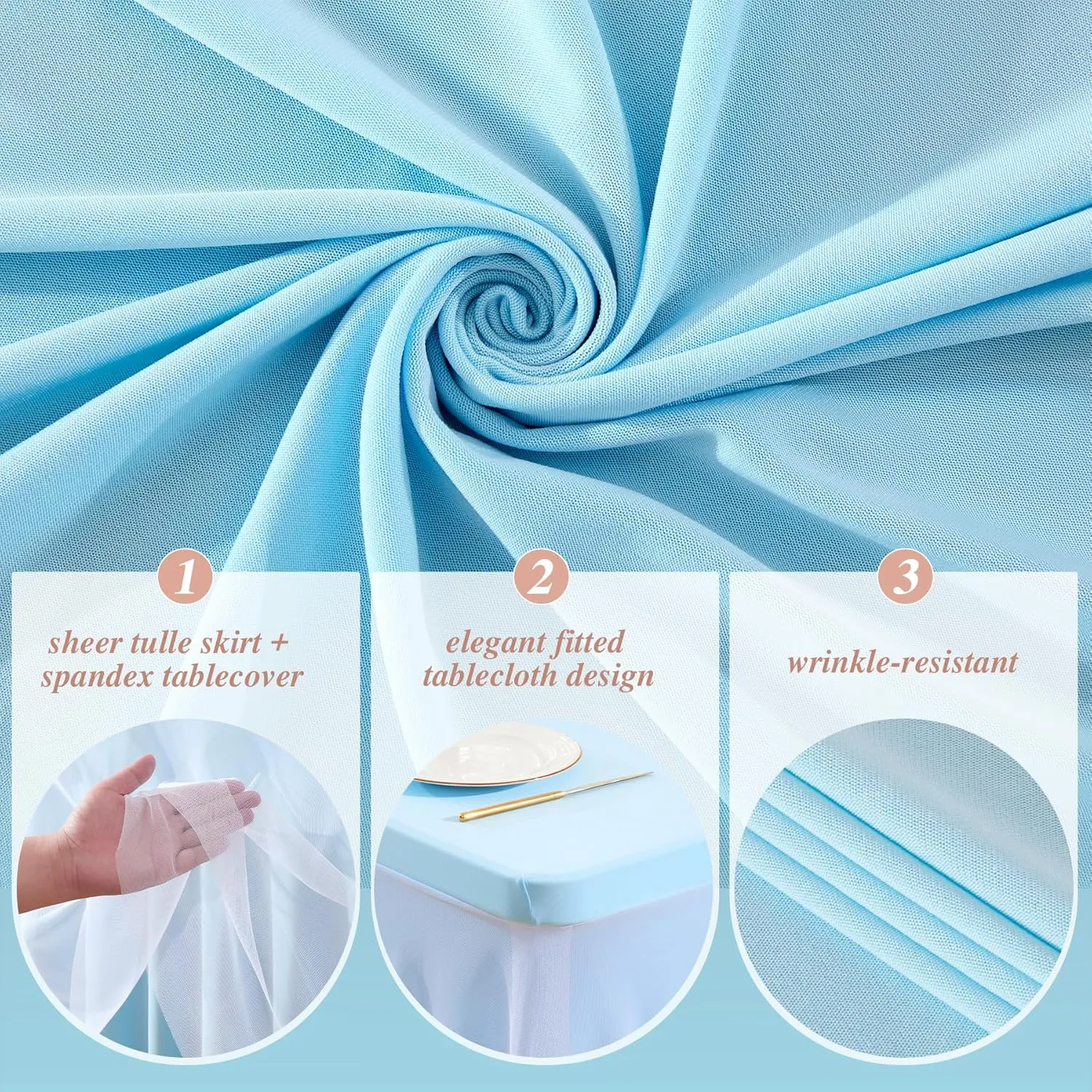 Blue Tablecloths 4 Foot Rectangle Tables, Spandex Tulle Tablecloth Stretch Fitted Tablecover with Ruffle Tutu Table Skirt for Baby Shower Birthday Party Wedding Banquet Dessert Table Decorations