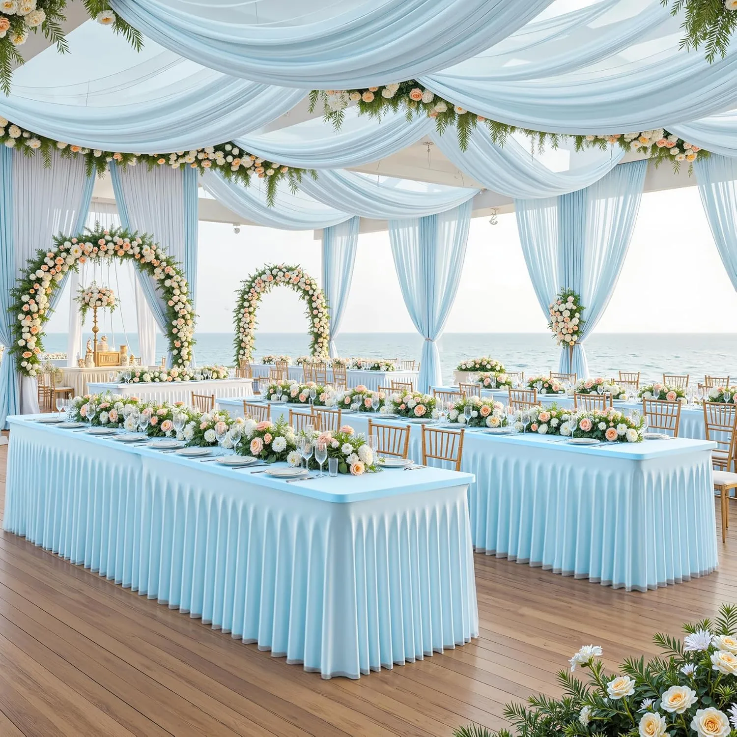 Blue Tablecloths 4 Foot Rectangle Tables, Spandex Tulle Tablecloth Stretch Fitted Tablecover with Ruffle Tutu Table Skirt for Baby Shower Birthday Party Wedding Banquet Dessert Table Decorations