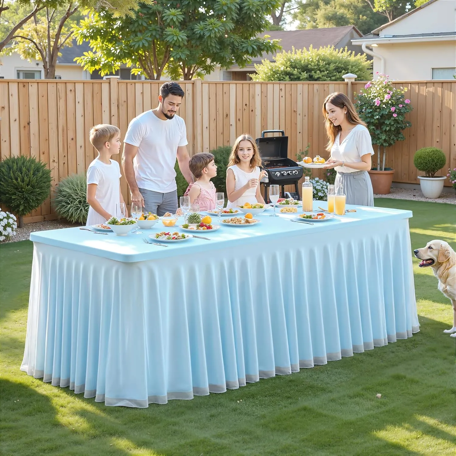 Blue Tablecloths 4 Foot Rectangle Tables, Spandex Tulle Tablecloth Stretch Fitted Tablecover with Ruffle Tutu Table Skirt for Baby Shower Birthday Party Wedding Banquet Dessert Table Decorations