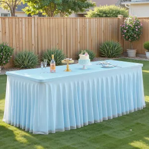Blue Tablecloths 4 Foot Rectangle Tables, Spandex Tulle Tablecloth Stretch Fitted Tablecover with Ruffle Tutu Table Skirt for Baby Shower Birthday Party Wedding Banquet Dessert Table Decorations