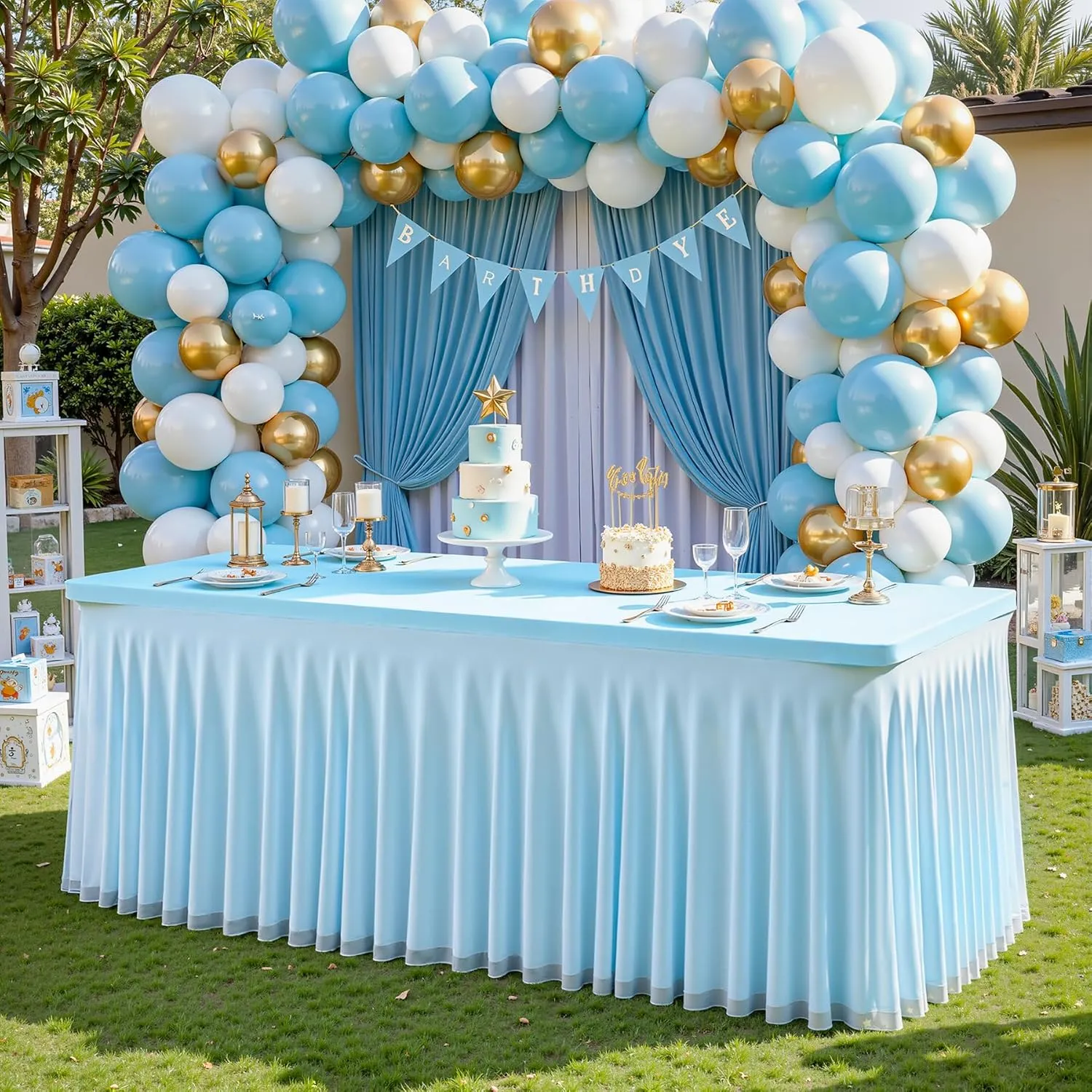 Blue Tablecloths 4 Foot Rectangle Tables, Spandex Tulle Tablecloth Stretch Fitted Tablecover with Ruffle Tutu Table Skirt for Baby Shower Birthday Party Wedding Banquet Dessert Table Decorations