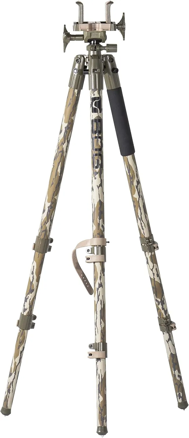BOG DeathGrip Mossy Oak Bottomland Camo Tripod with Durable Aluminum Frame, Lightweight, Stable Design, Bubble Level, Adjustable Legs, and Hands-Free Operation for Hunting, Shooting, and Outdoors