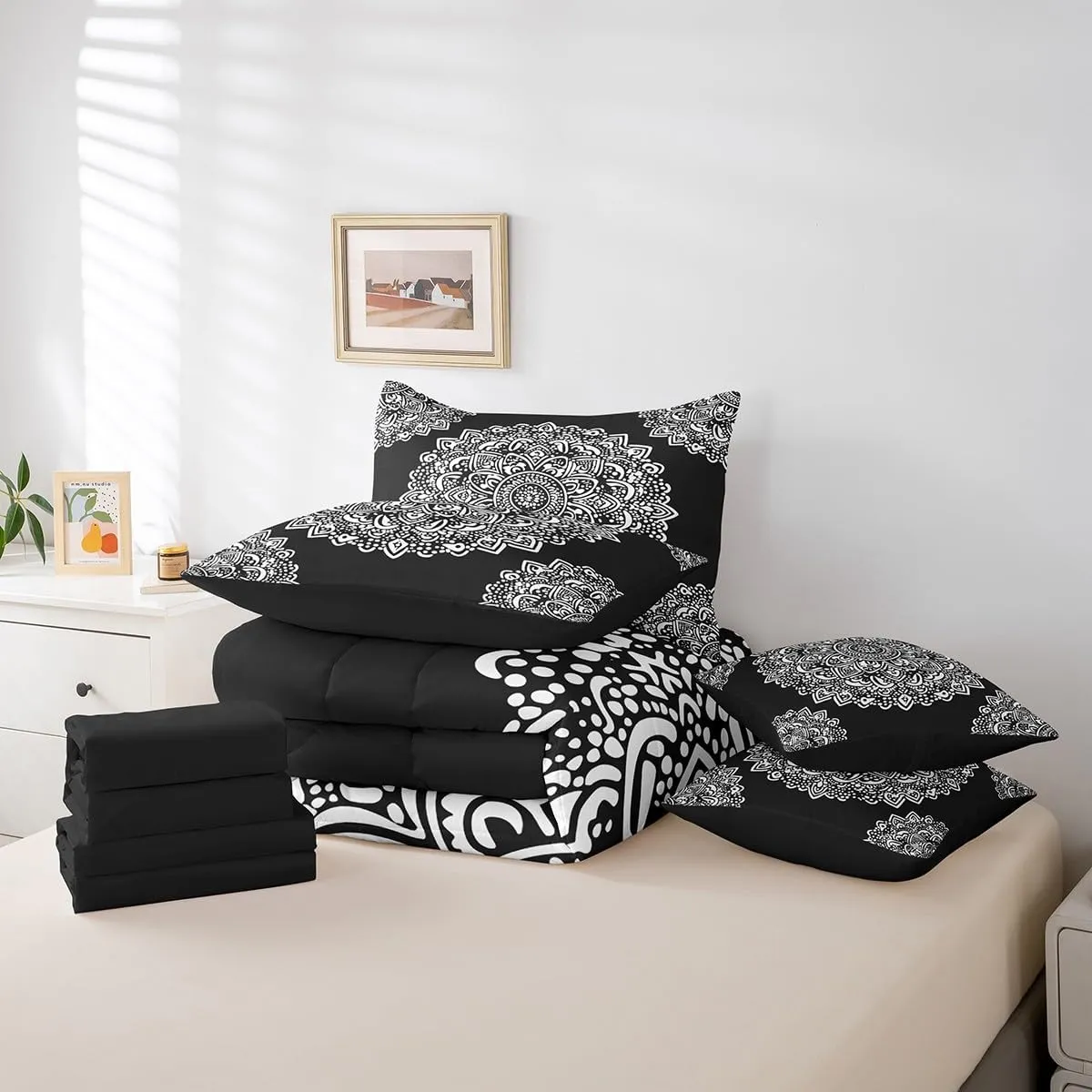 Bohemian Mandala 7 Piece Comforter Set Full Bed in a Bag,Boho Floral Bedding Sets European Style Medallion Comforter and Sheet Set,Exotic Damask Flowers Bed Set