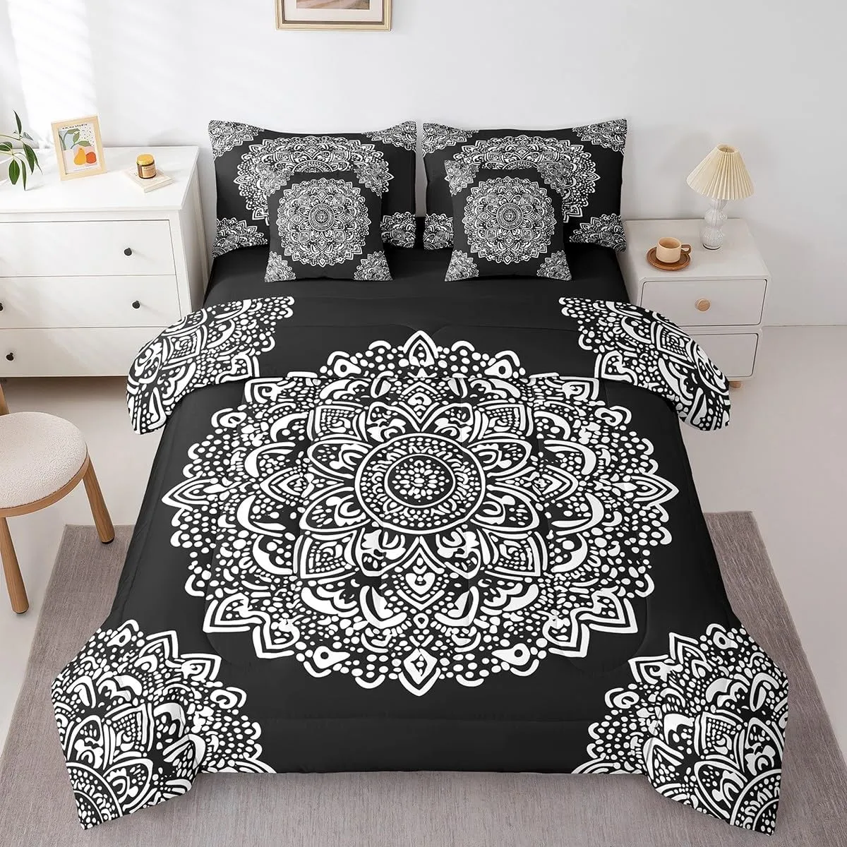 Bohemian Mandala 7 Piece Comforter Set Full Bed in a Bag,Boho Floral Bedding Sets European Style Medallion Comforter and Sheet Set,Exotic Damask Flowers Bed Set