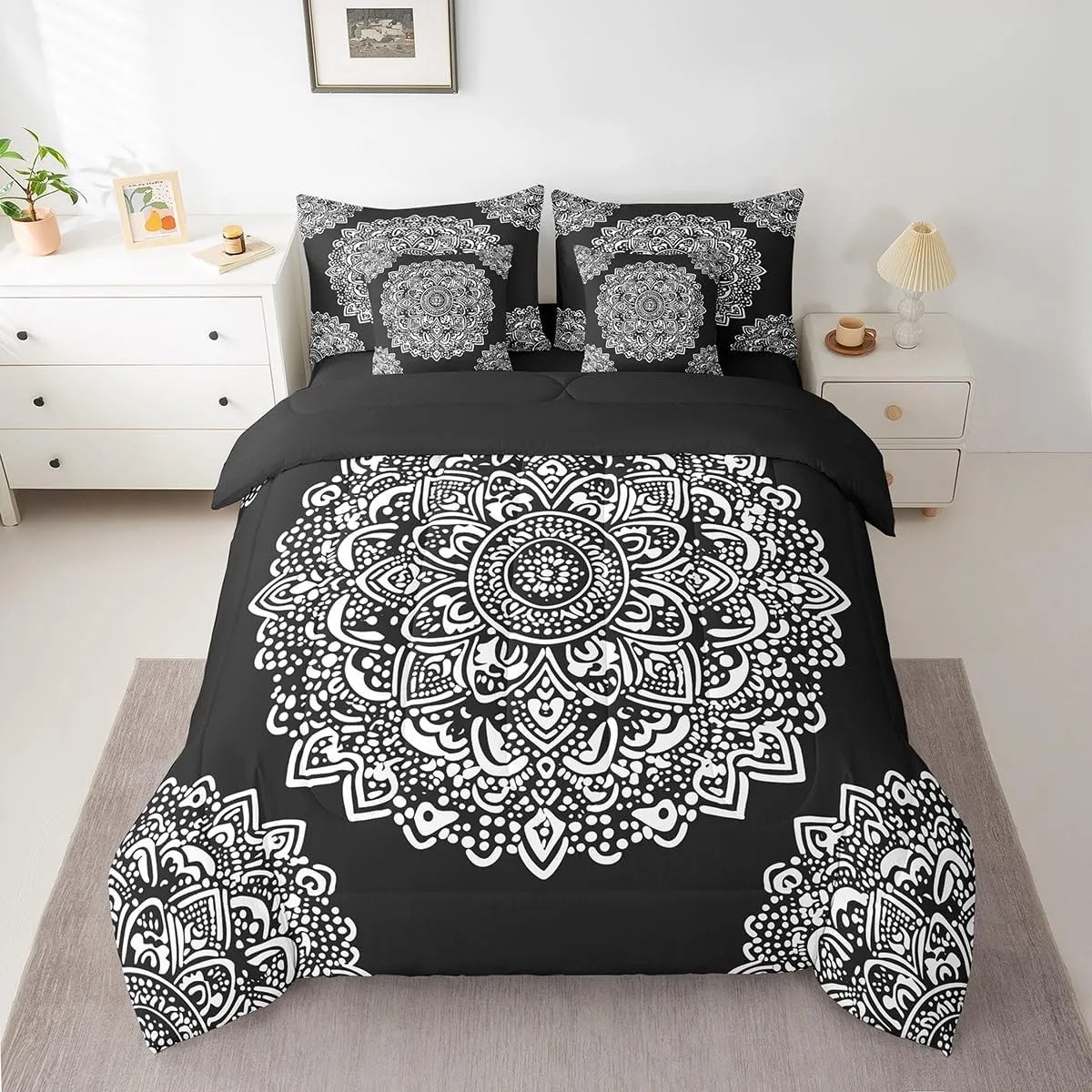Bohemian Mandala 7 Piece Comforter Set Full Bed in a Bag,Boho Floral Bedding Sets European Style Medallion Comforter and Sheet Set,Exotic Damask Flowers Bed Set