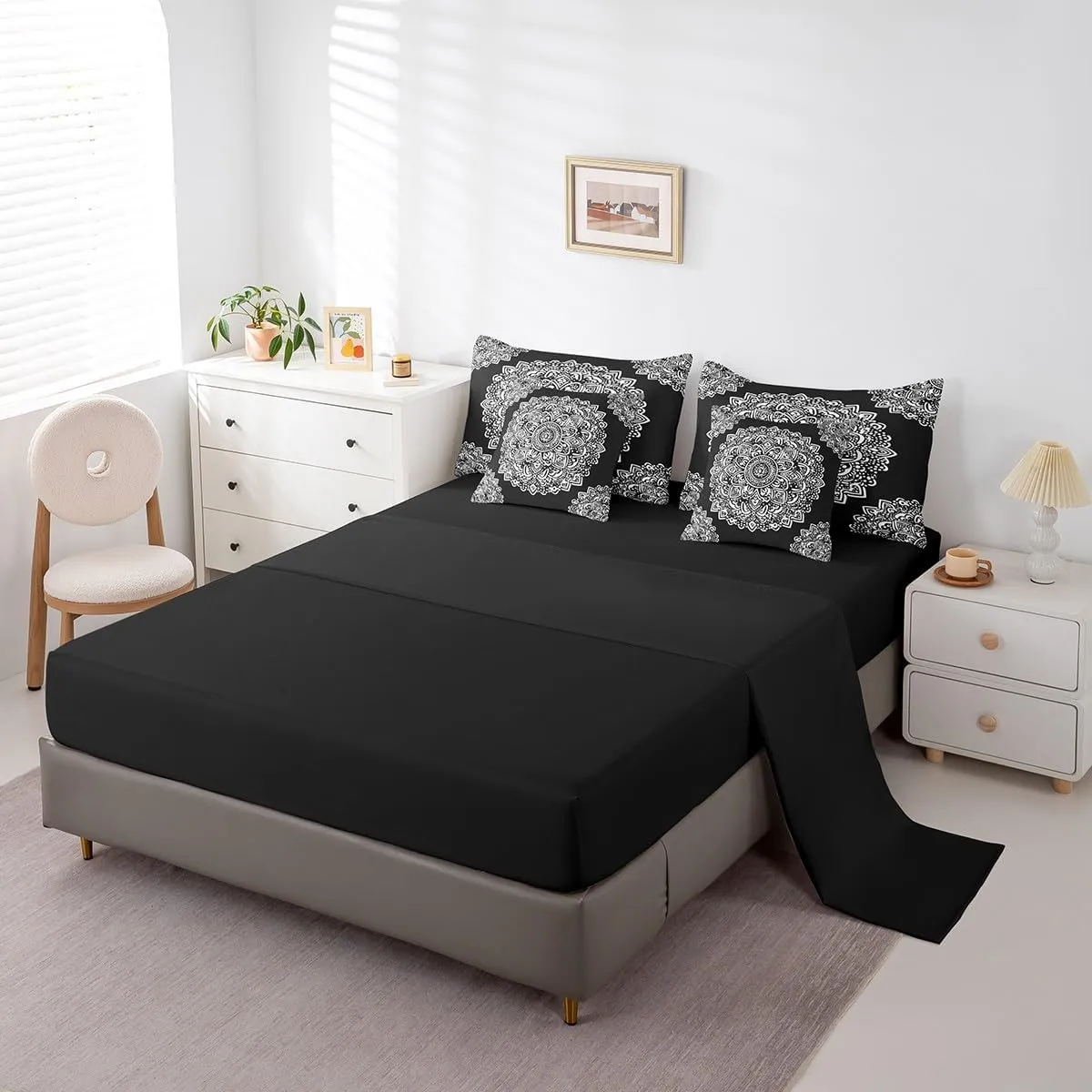 Bohemian Mandala 7 Piece Comforter Set Full Bed in a Bag,Boho Floral Bedding Sets European Style Medallion Comforter and Sheet Set,Exotic Damask Flowers Bed Set