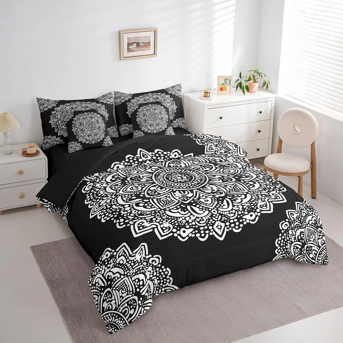 Bohemian Mandala 7 Piece Comforter Set Full Bed in a Bag,Boho Floral Bedding Sets European Style Medallion Comforter and Sheet Set,Exotic Damask Flowers Bed Set